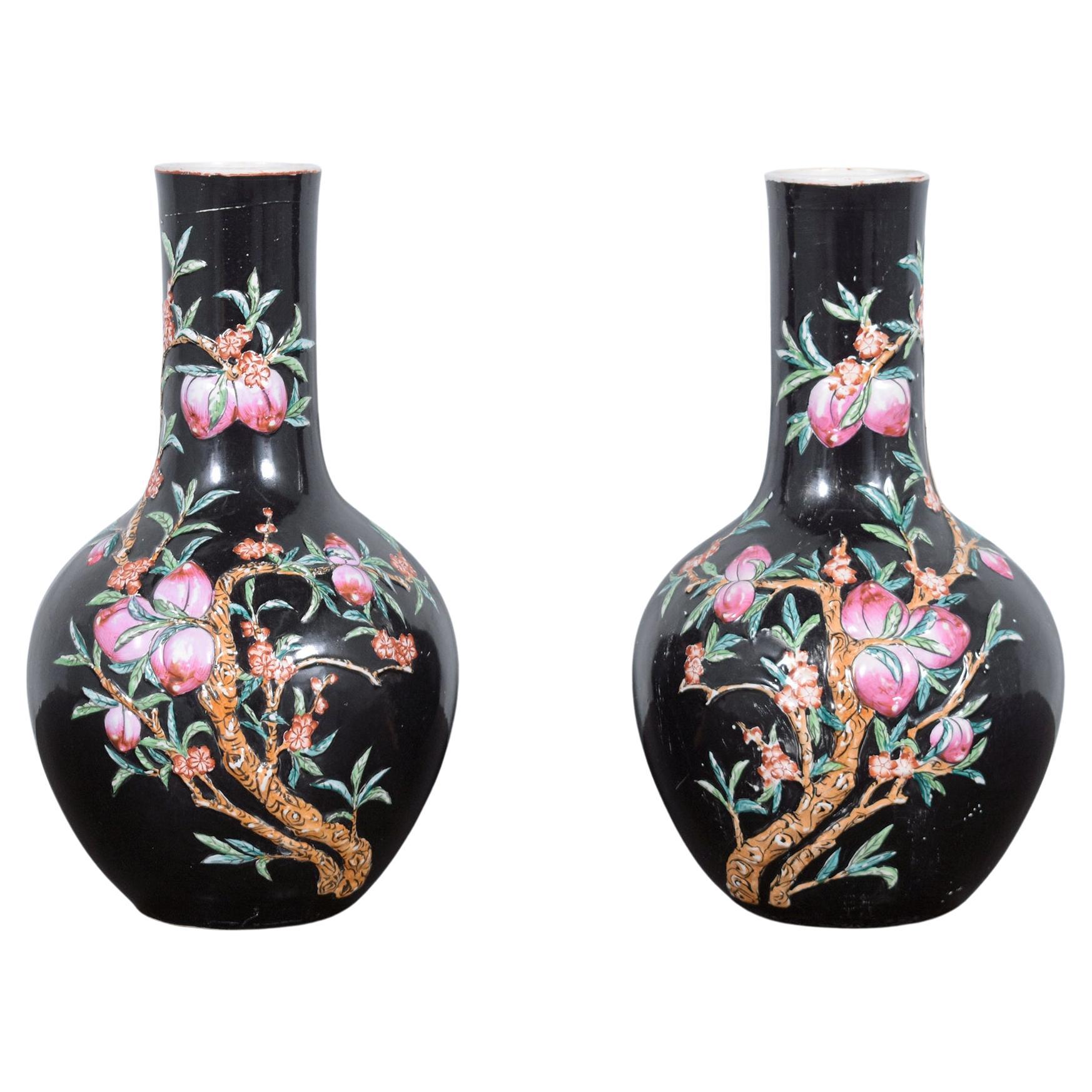 Pair of Vintage Hand-Painted Chinese Porcelain Vases with Floral & Fruit Pattern For Sale