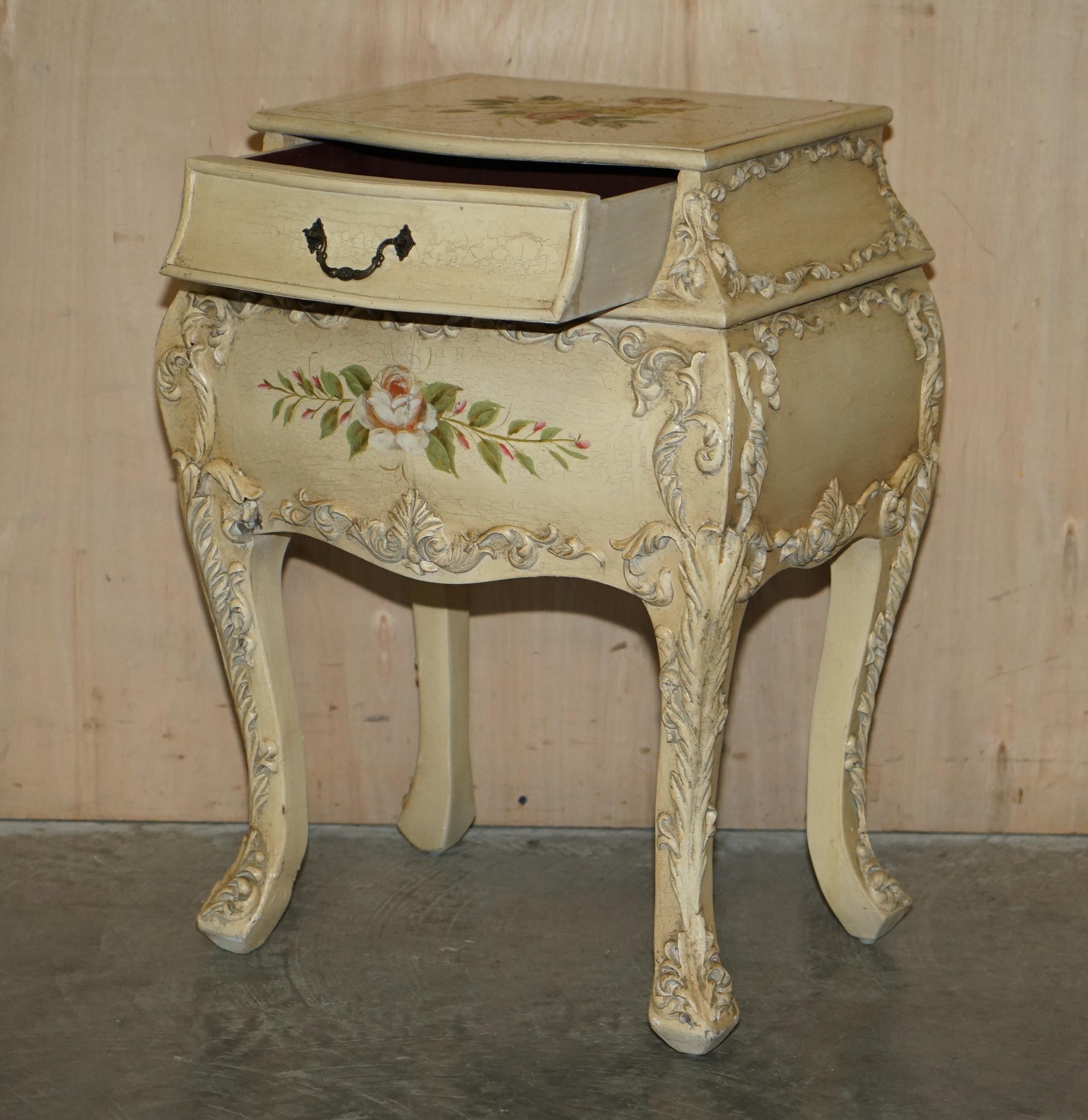 Pair of Vintage Hand Painted French Bombe Bedside / Side End Table Size Chests For Sale 10