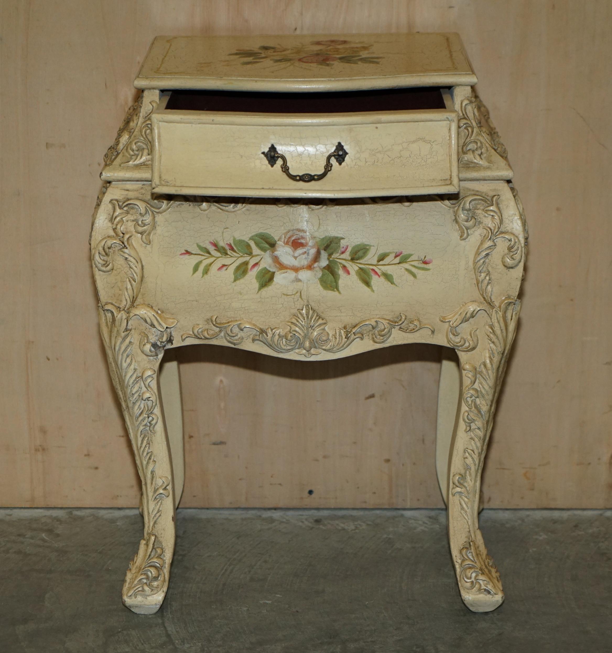 Pair of Vintage Hand Painted French Bombe Bedside / Side End Table Size Chests For Sale 11
