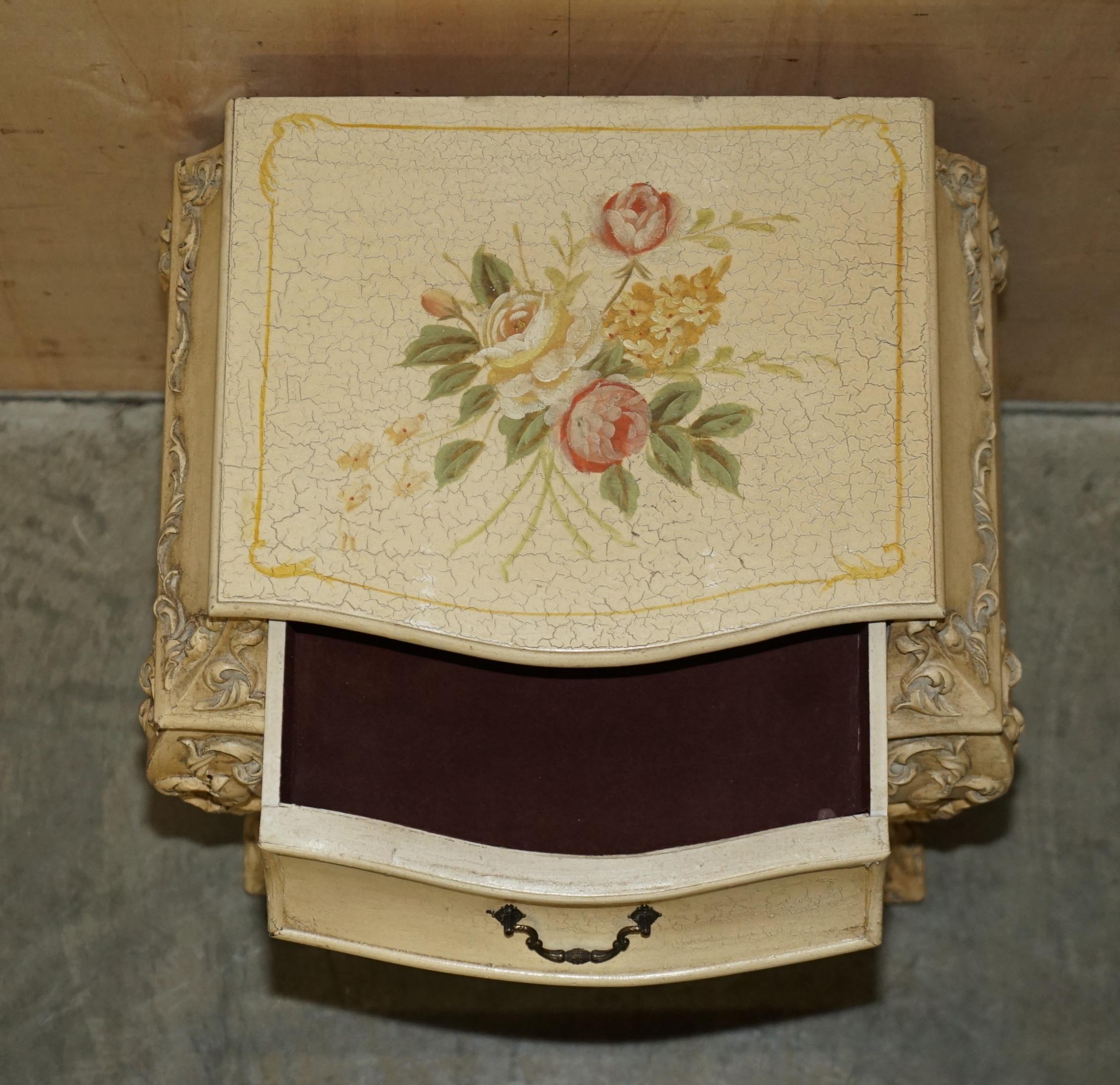 Pair of Vintage Hand Painted French Bombe Bedside / Side End Table Size Chests For Sale 12