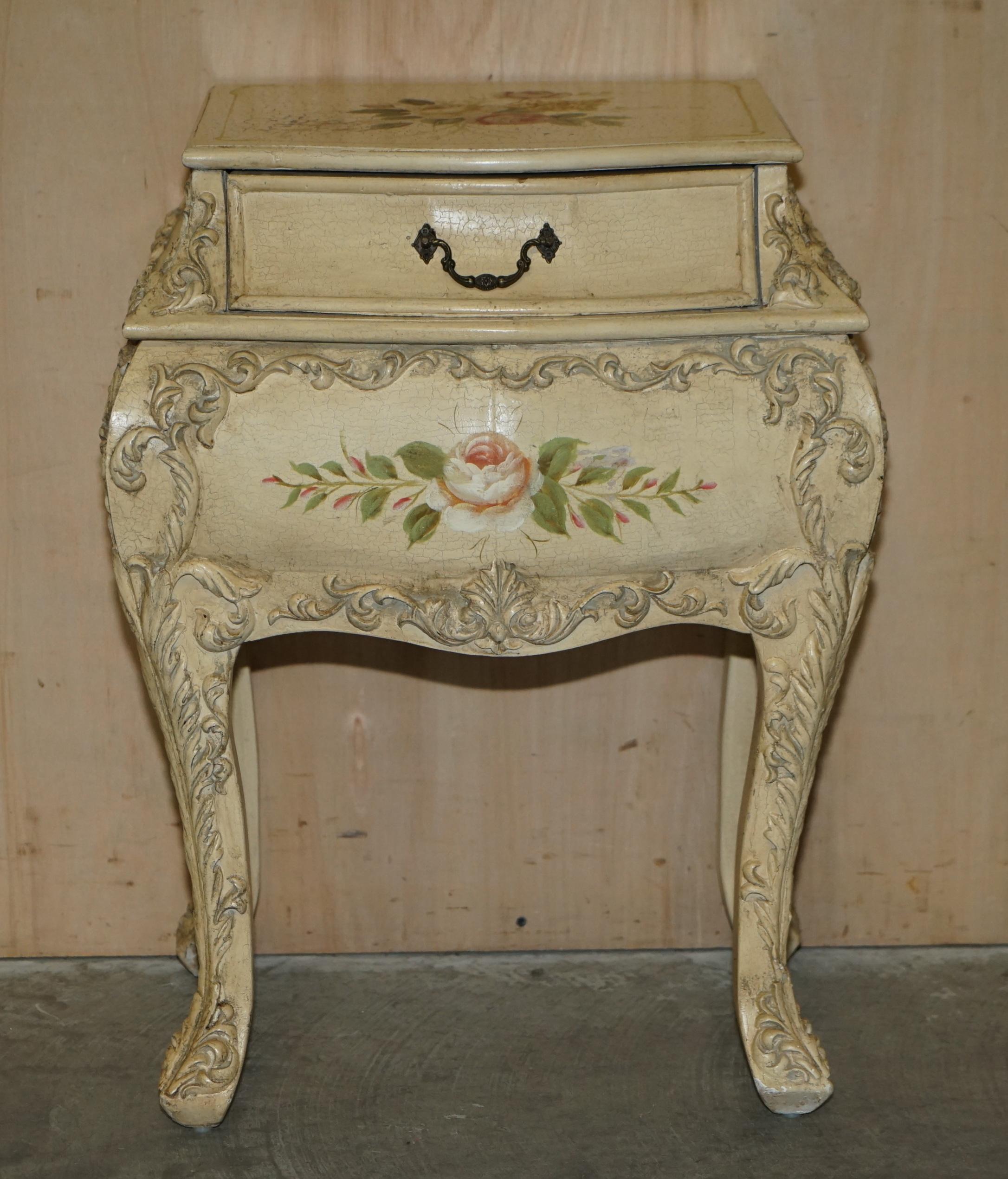 Victorian Pair of Vintage Hand Painted French Bombe Bedside / Side End Table Size Chests For Sale