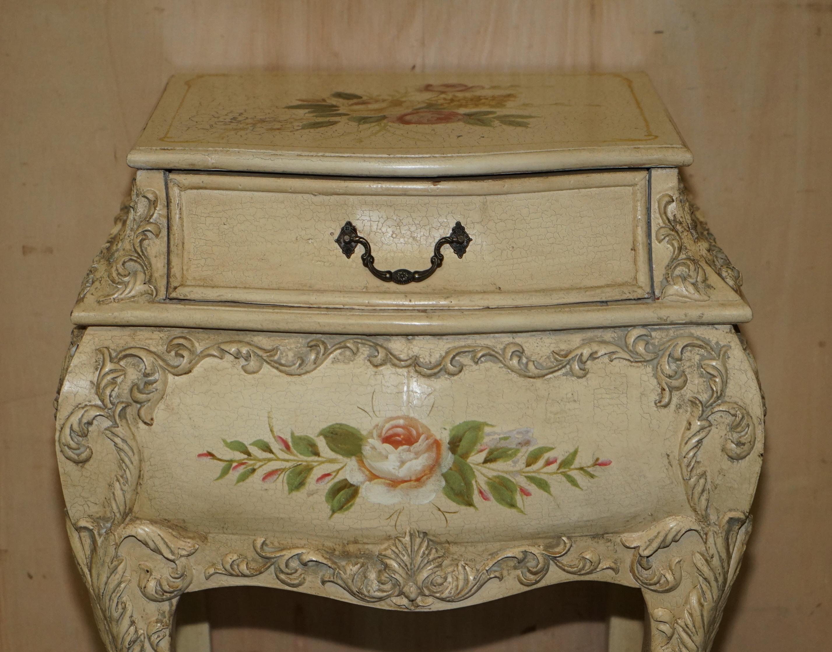 Hand-Painted Pair of Vintage Hand Painted French Bombe Bedside / Side End Table Size Chests For Sale