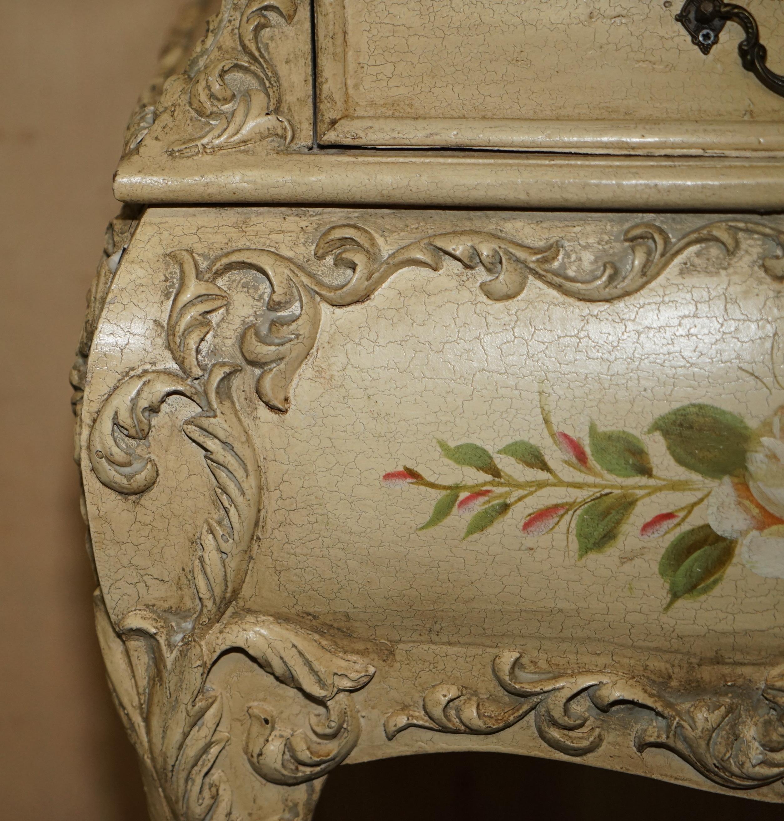 Pair of Vintage Hand Painted French Bombe Bedside / Side End Table Size Chests For Sale 1