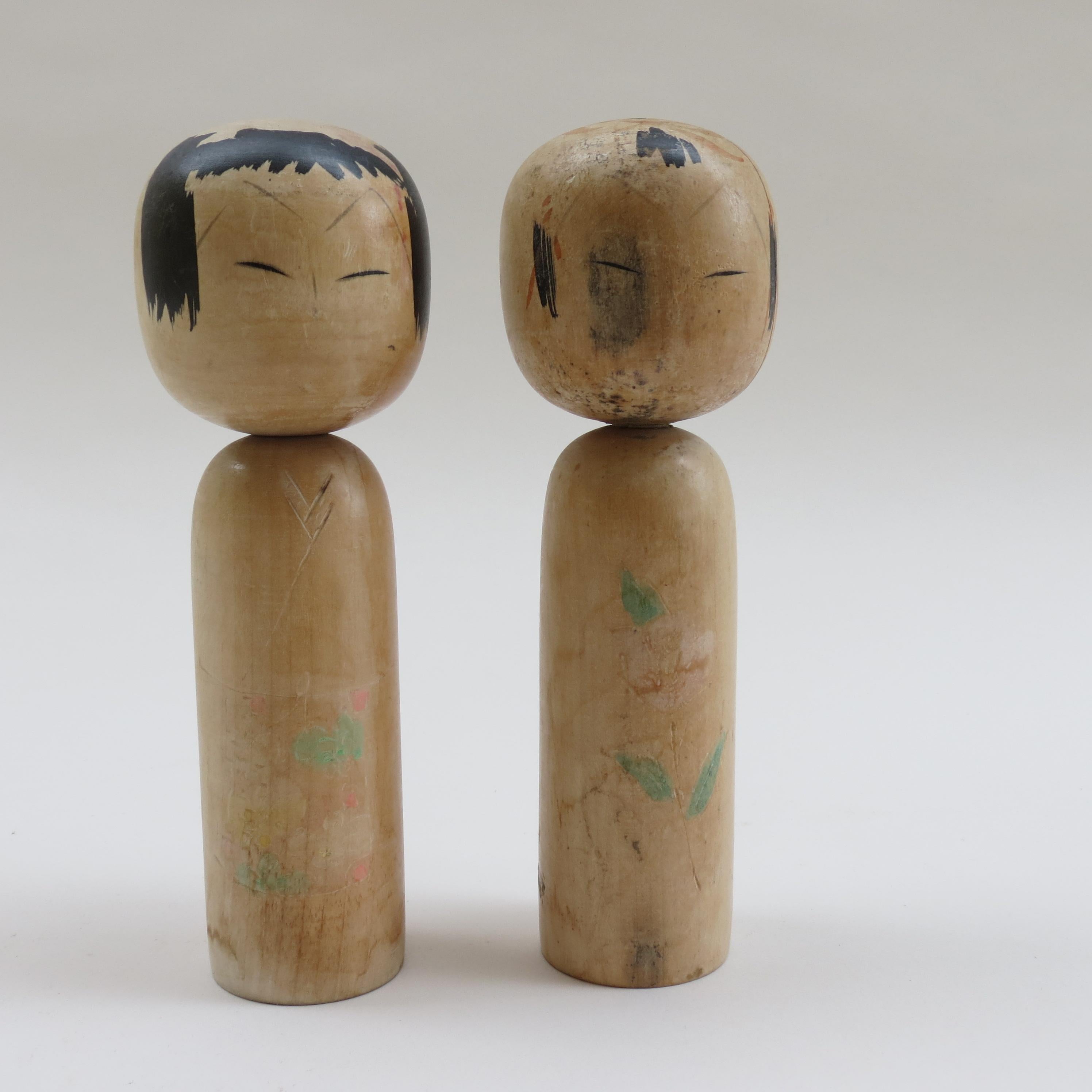 Hand-Crafted Pair of Vintage Hand Painted Japanese Kokeshi Dolls 1950s