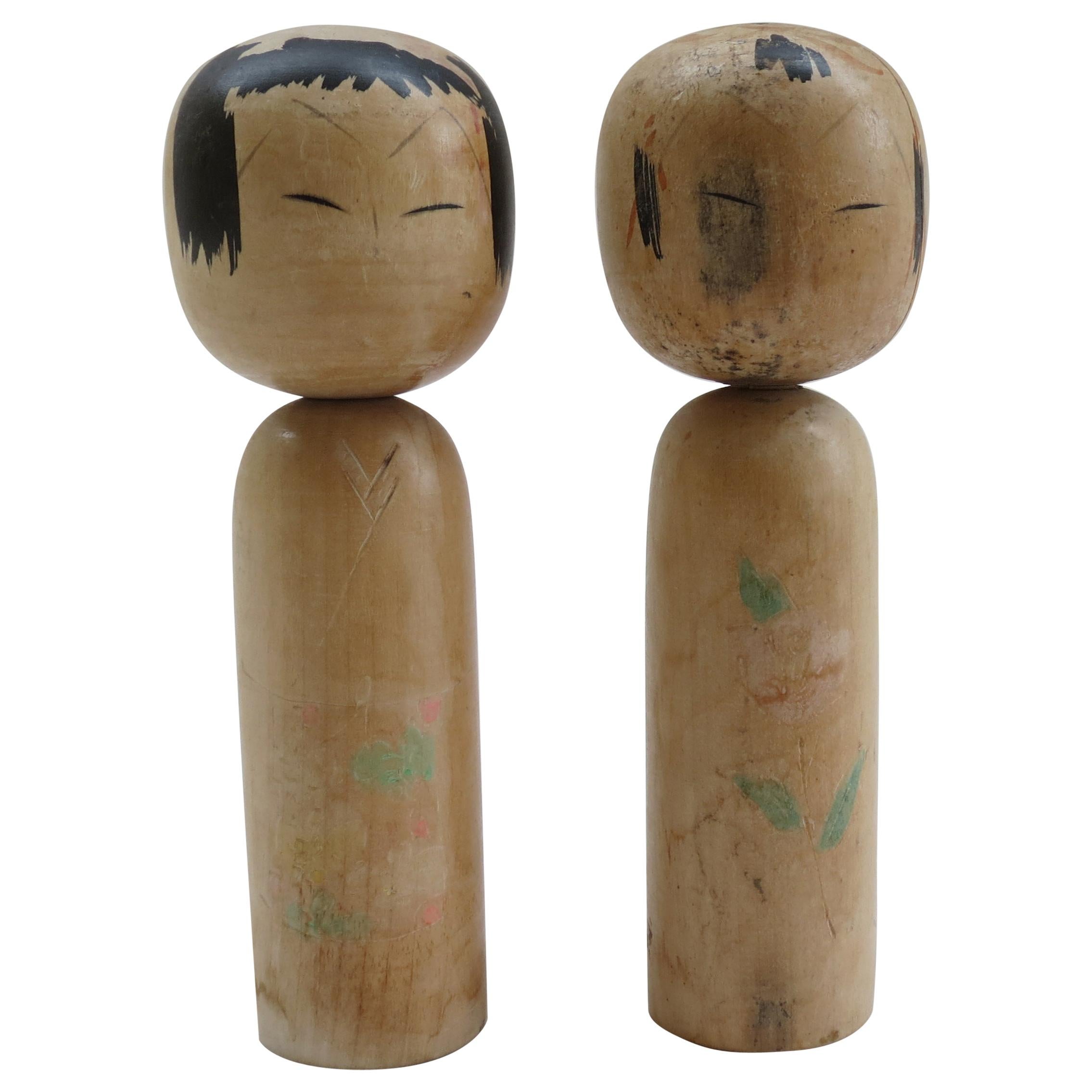 Pair of Vintage Hand Painted Japanese Kokeshi Dolls 1950s