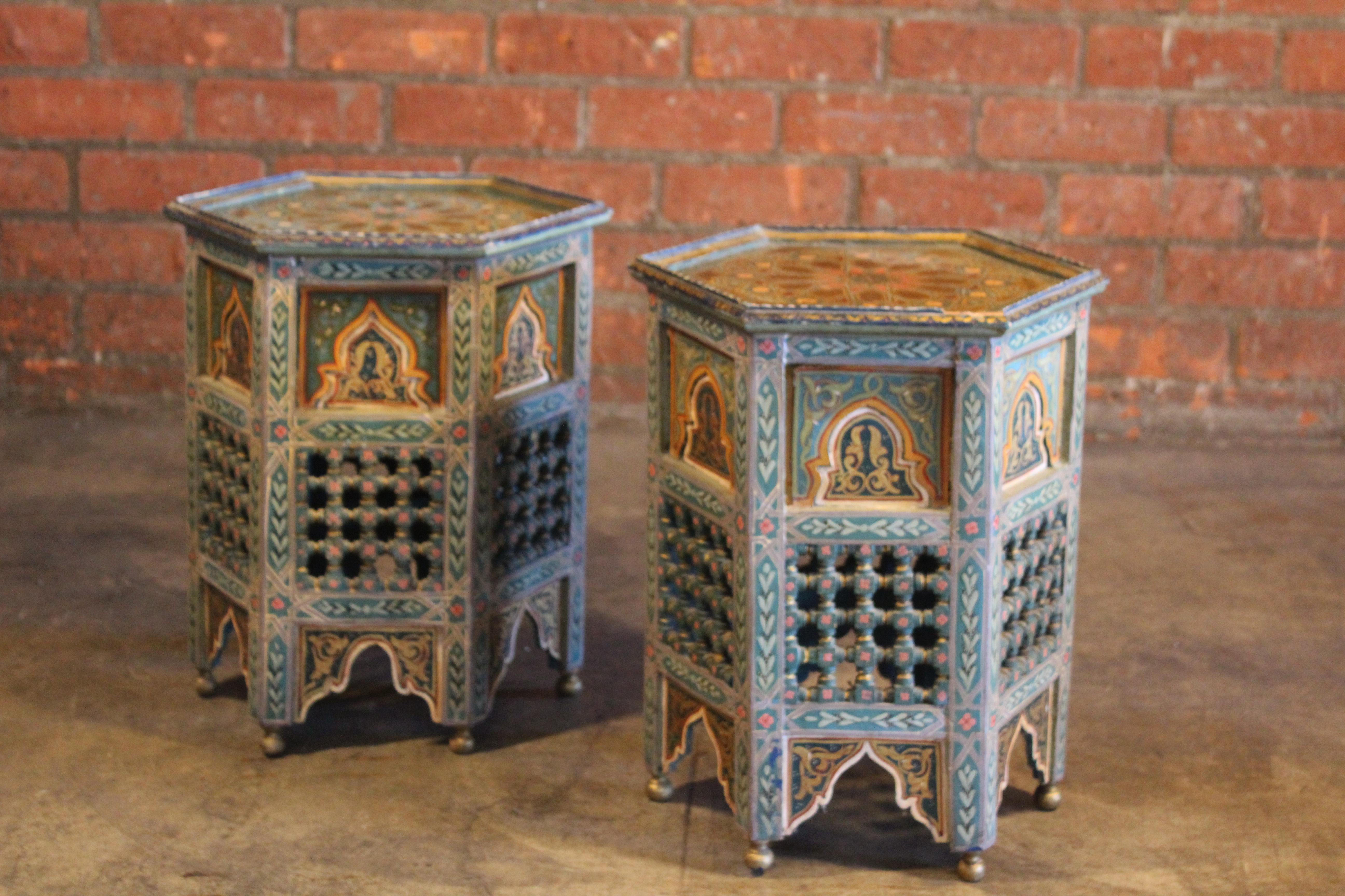 Moorish Pair of Vintage Hand-Painted Moroccan Side Tables