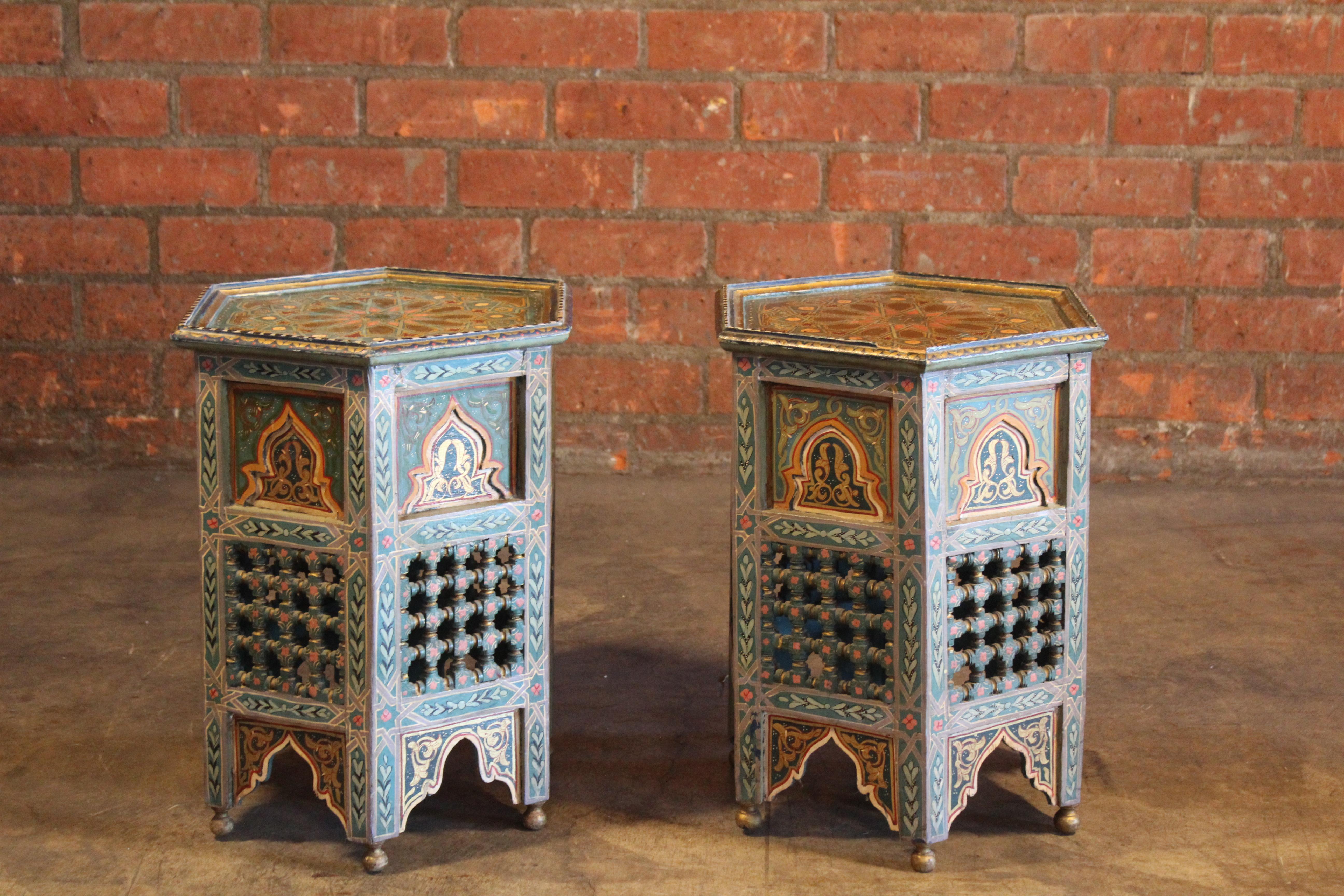 Wood Pair of Vintage Hand-Painted Moroccan Side Tables
