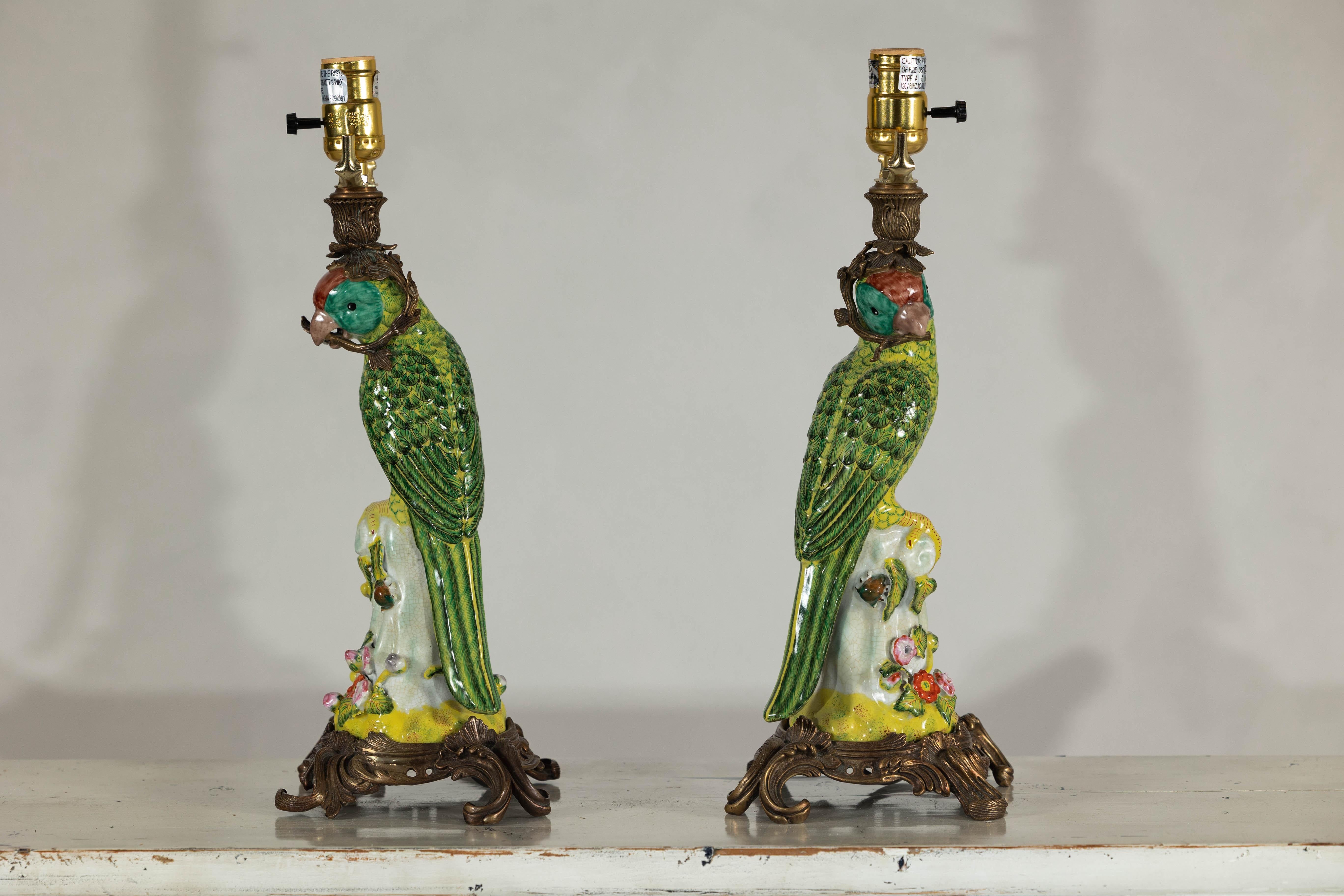 Pair of Vintage Hand-Painted Parrot Lamps on Ornate Brass Bases, Wired for USA 8