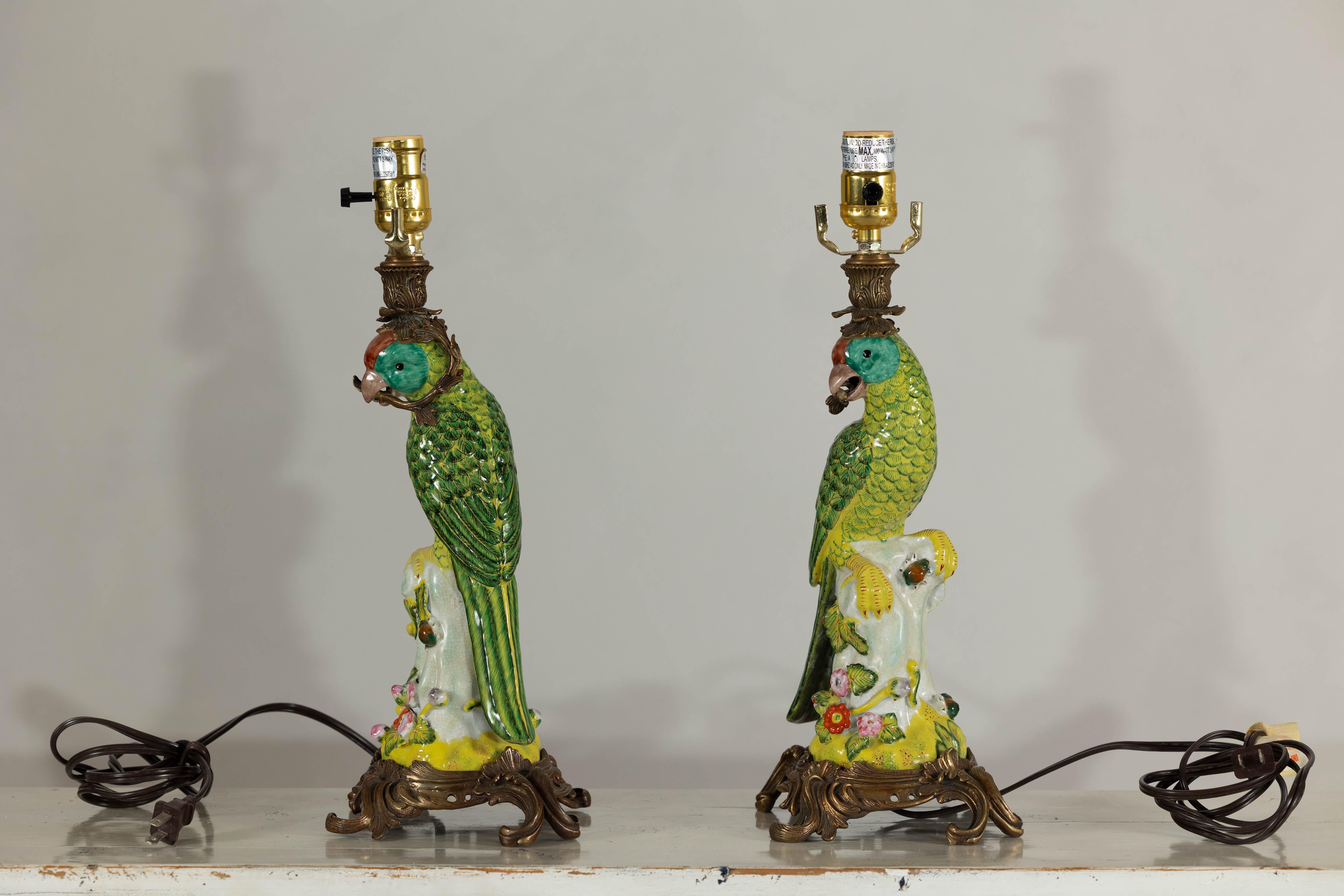 Pair of Vintage Hand-Painted Parrot Lamps on Ornate Brass Bases, Wired for USA 9