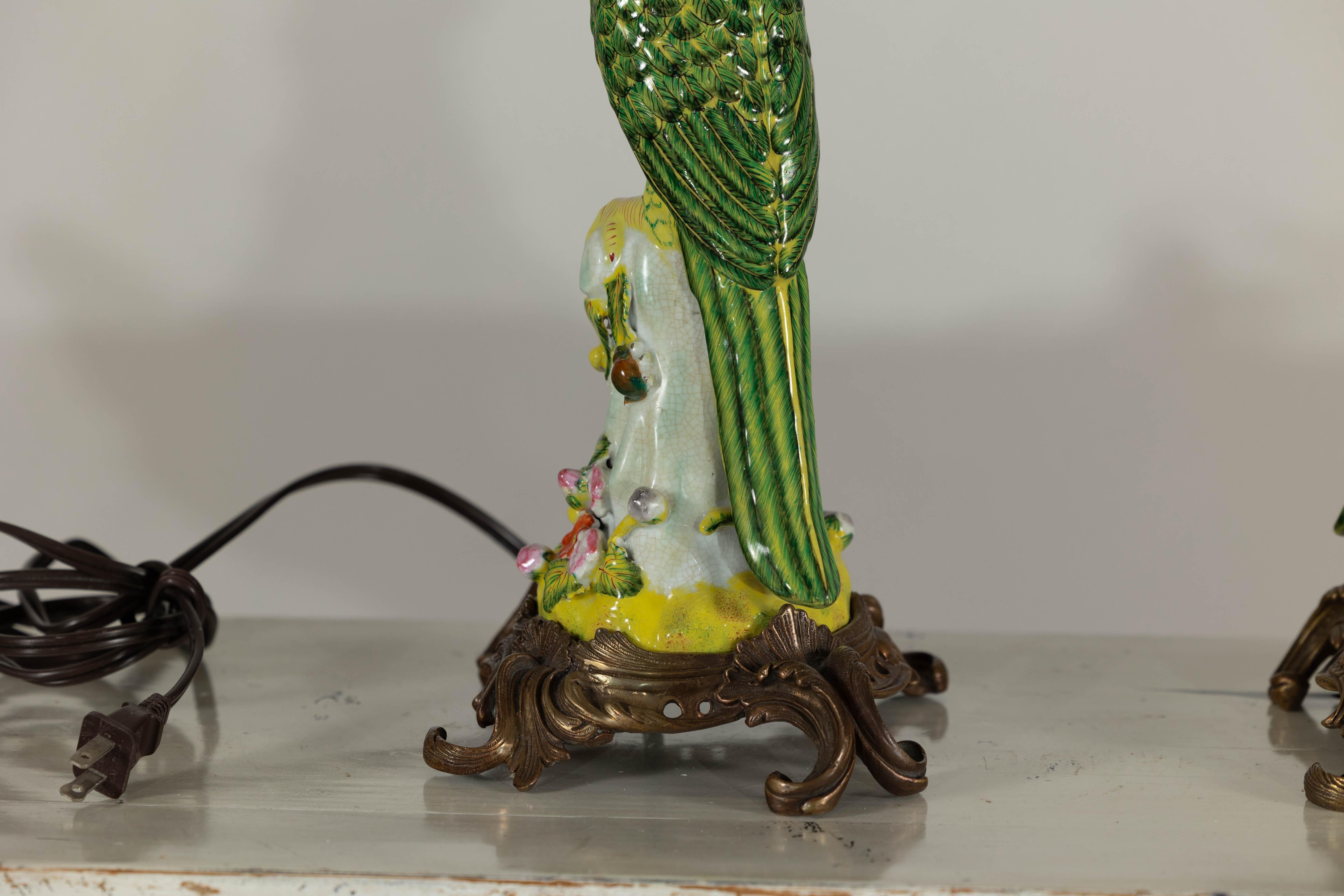Pair of Vintage Hand-Painted Parrot Lamps on Ornate Brass Bases, Wired for USA 11