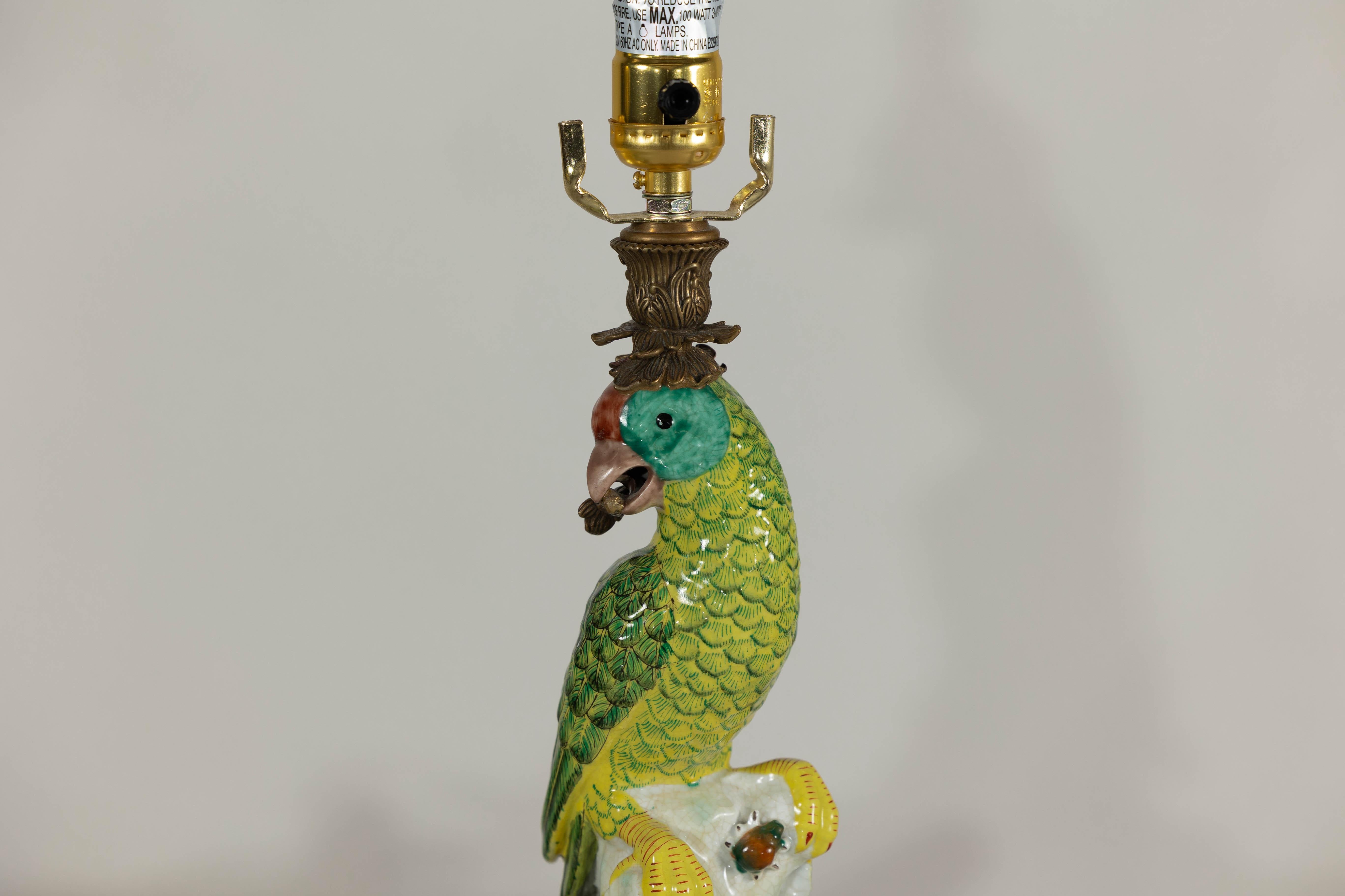 Pair of Vintage Hand-Painted Parrot Lamps on Ornate Brass Bases, Wired for USA 12