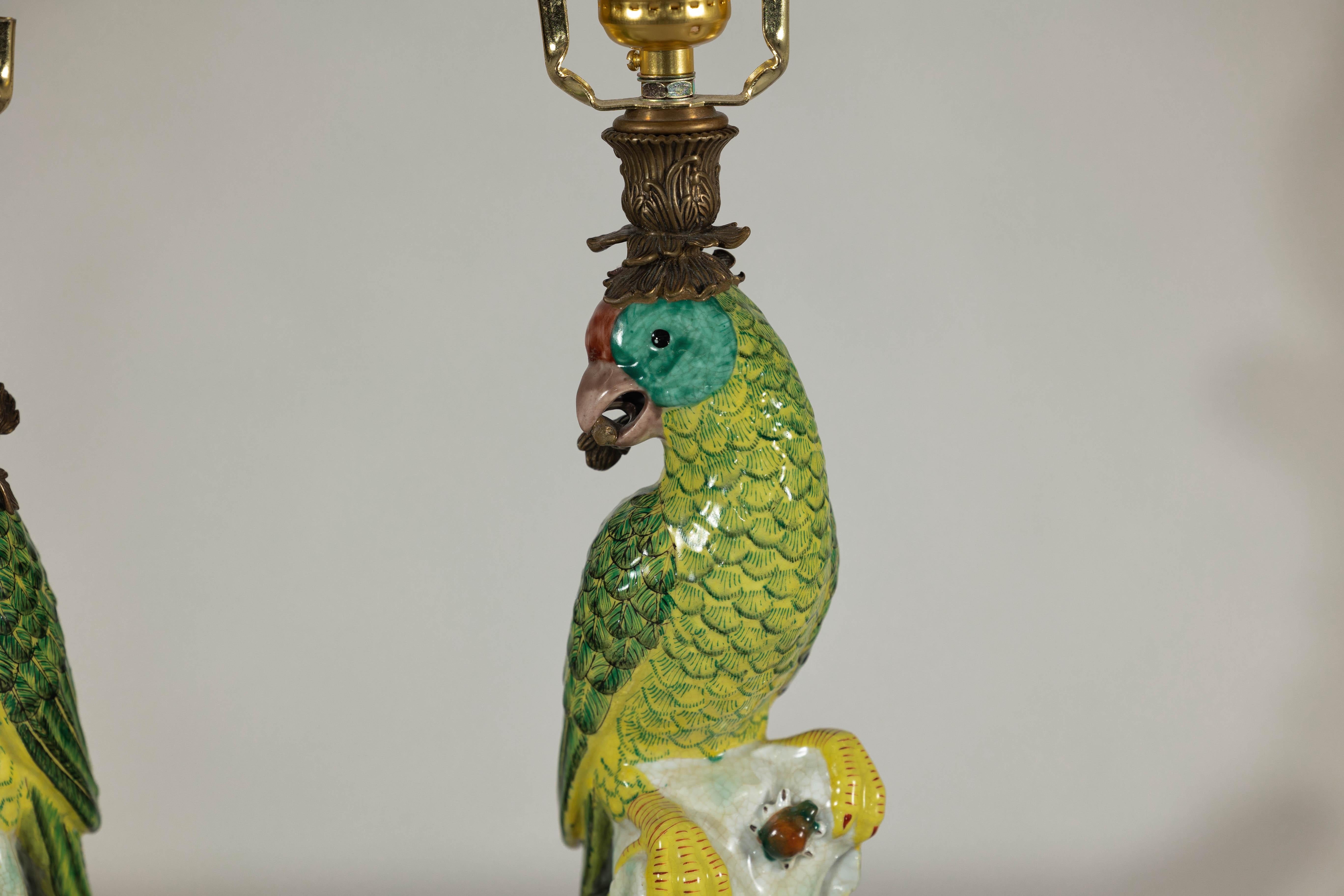20th Century Pair of Vintage Hand-Painted Parrot Lamps on Ornate Brass Bases, Wired for USA