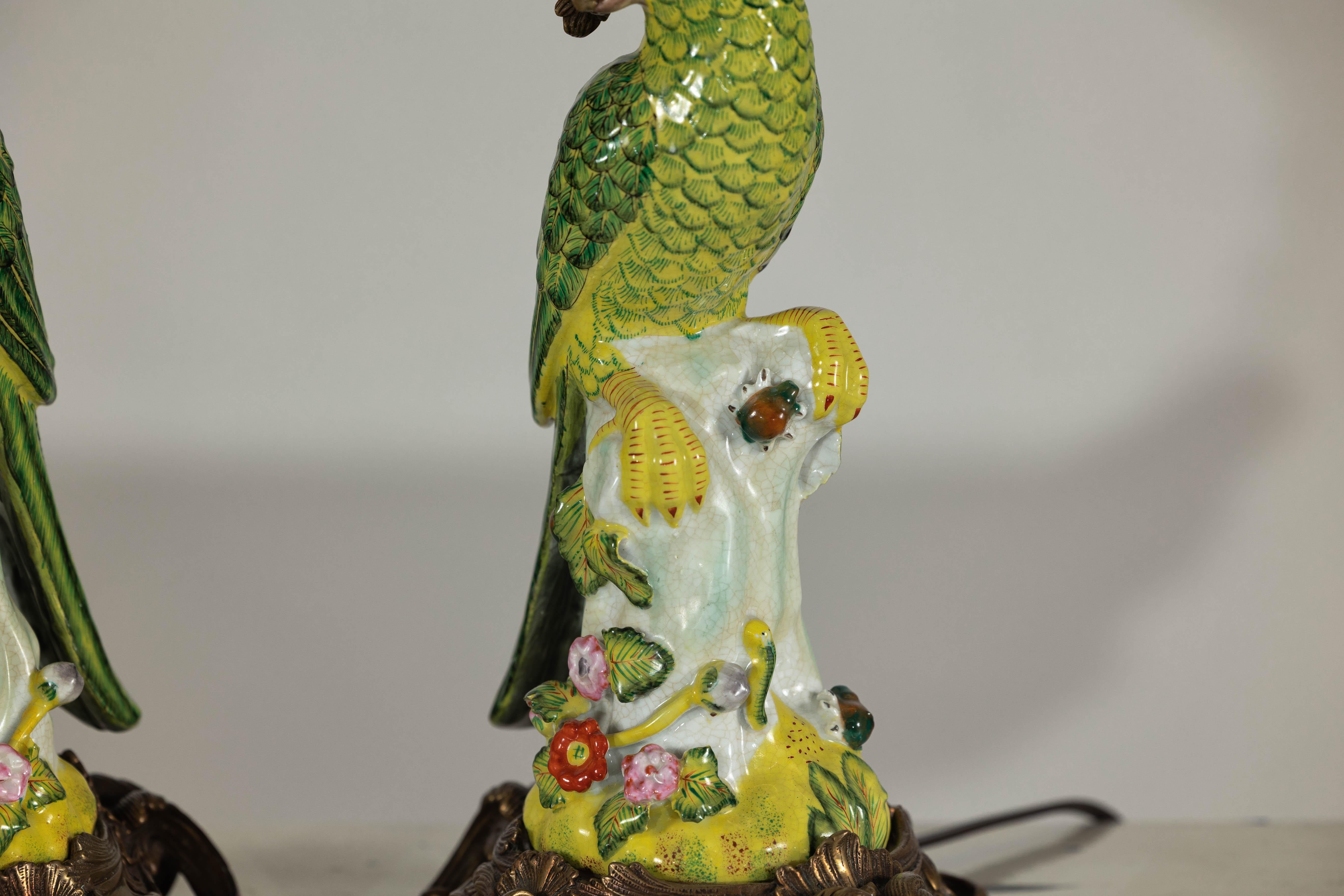 Pair of Vintage Hand-Painted Parrot Lamps on Ornate Brass Bases, Wired for USA 1