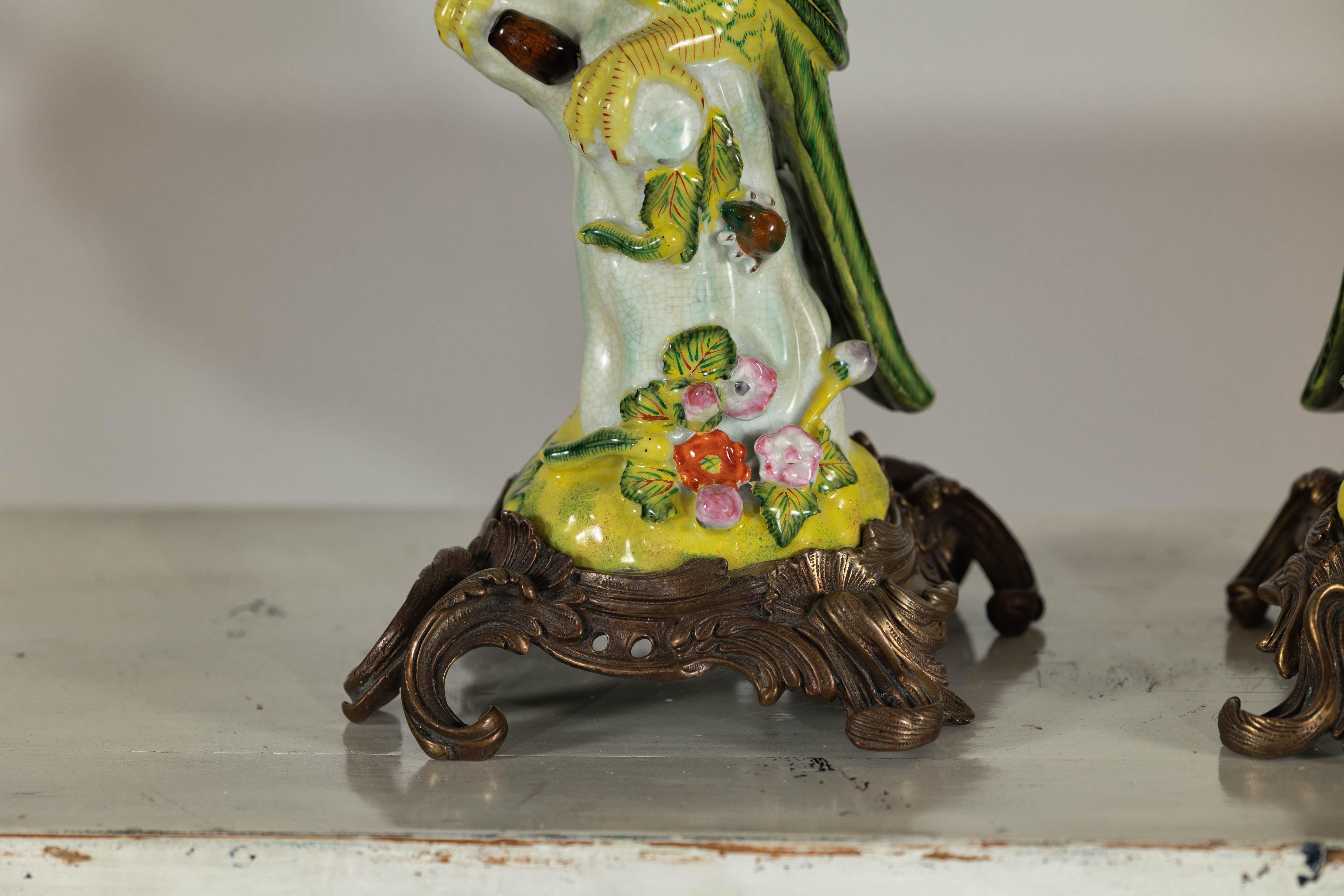 Pair of Vintage Hand-Painted Parrot Lamps on Ornate Brass Bases, Wired for USA 2