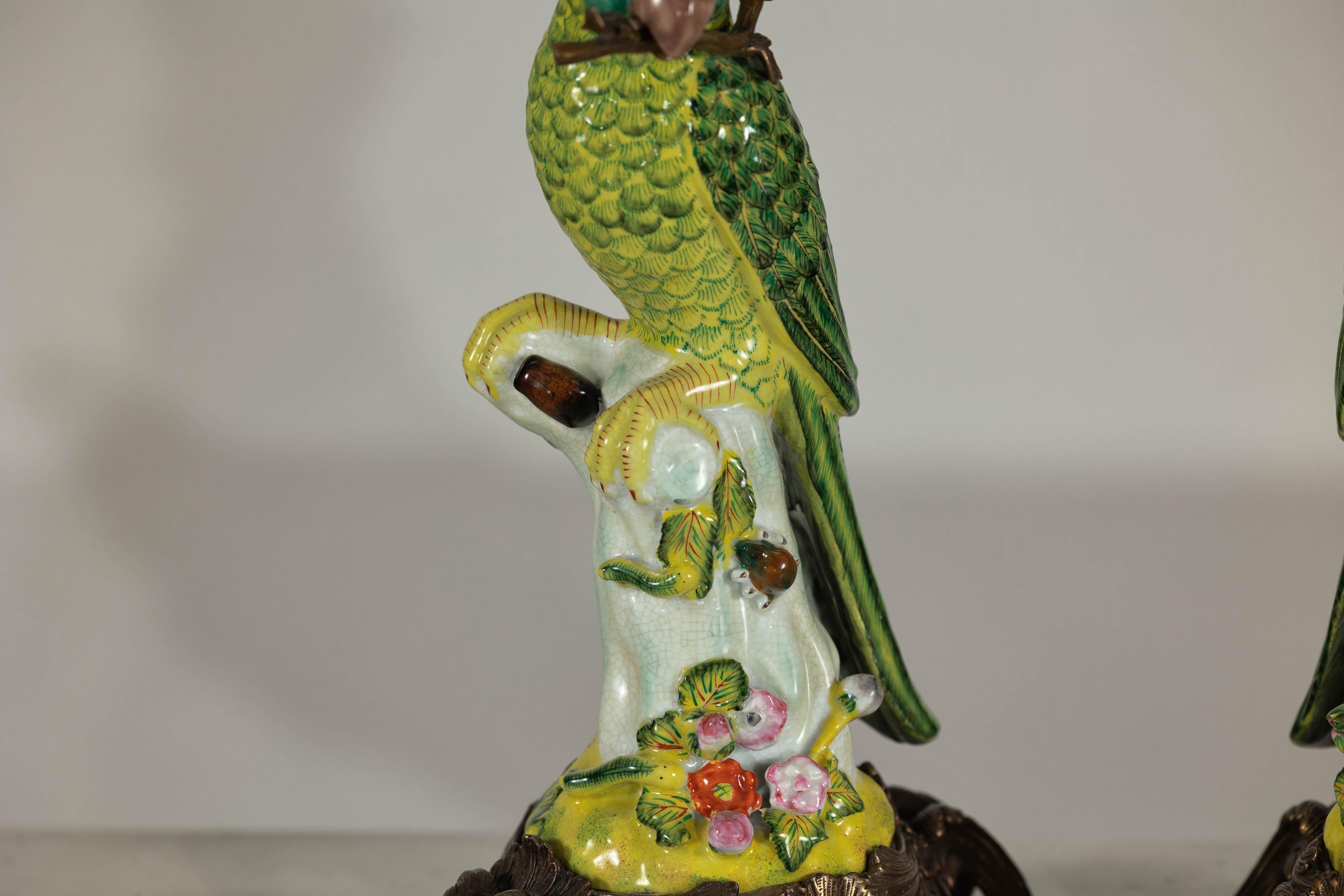 Pair of Vintage Hand-Painted Parrot Lamps on Ornate Brass Bases, Wired for USA 3