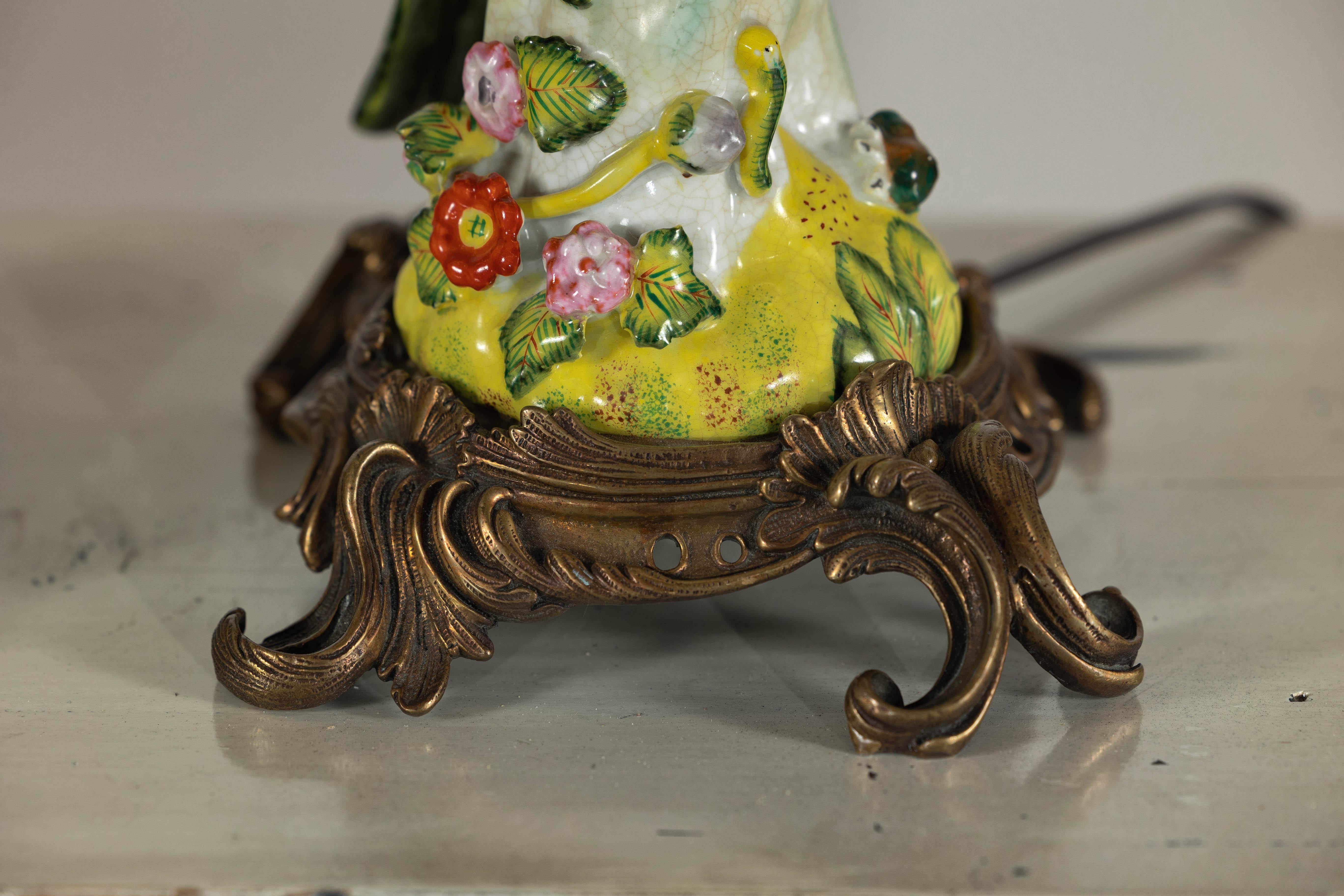 Pair of Vintage Hand-Painted Parrot Lamps on Ornate Brass Bases, Wired for USA 4