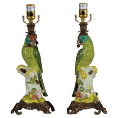 Pair of Vintage Hand-Painted Parrot Lamps on Ornate Brass Bases, Wired for USA