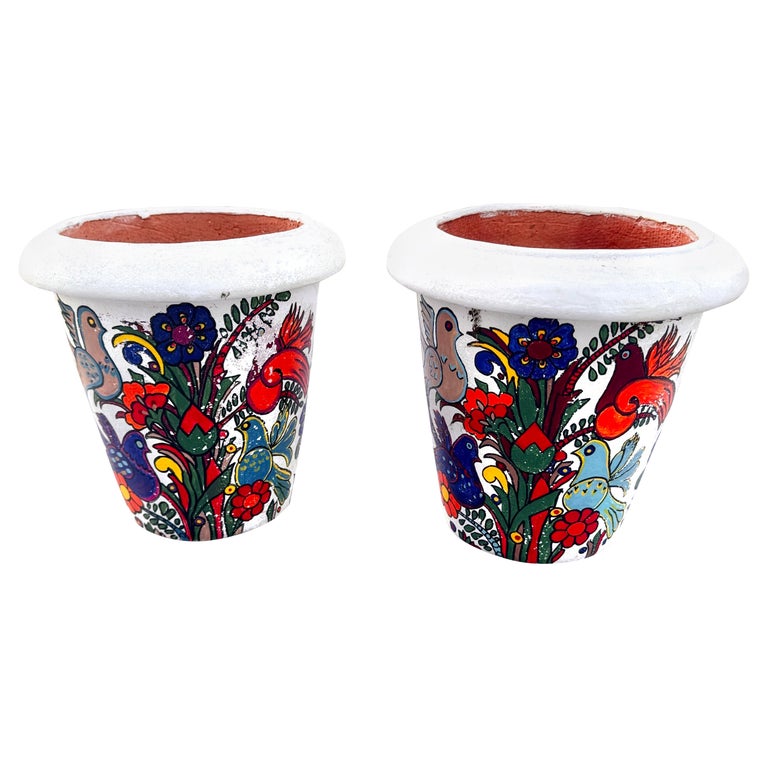 Pair of Vintage Hand Painted Planters in the Style of VIlleroy and Boch  Acapulco For Sale at 1stDibs