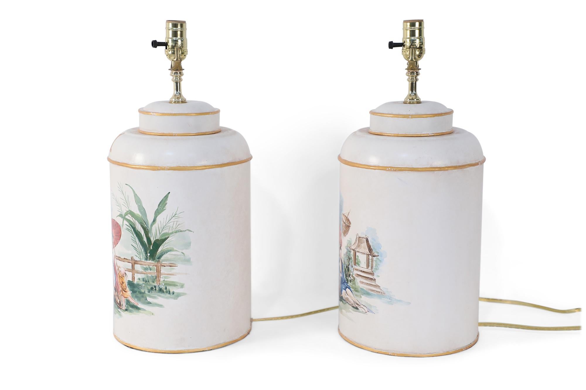 Rococo Revival Pair of Vintage Hand Painted Tole Genre Scene Table Lamps For Sale