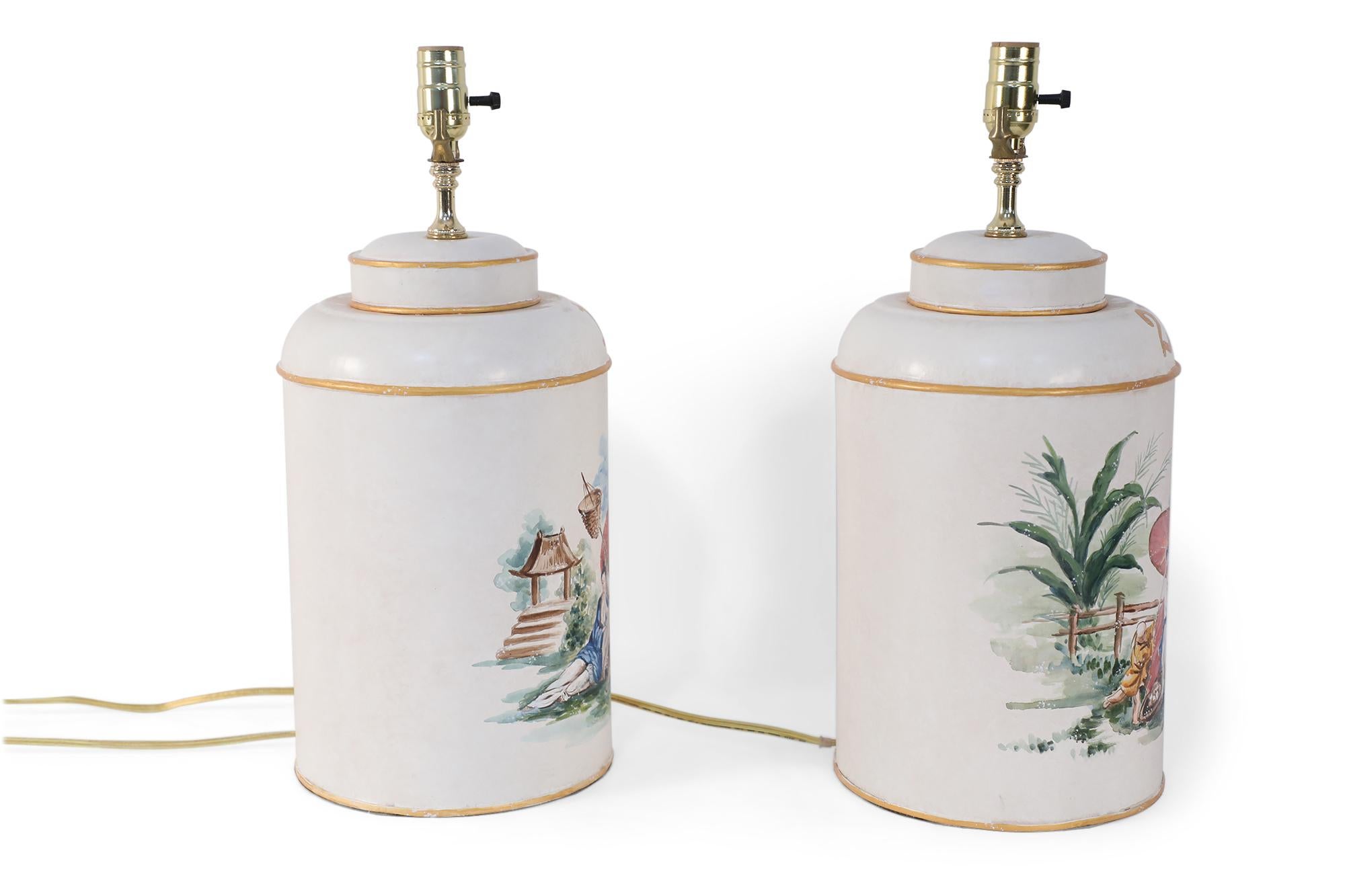 Pair of Vintage Hand Painted Tole Genre Scene Table Lamps For Sale 1