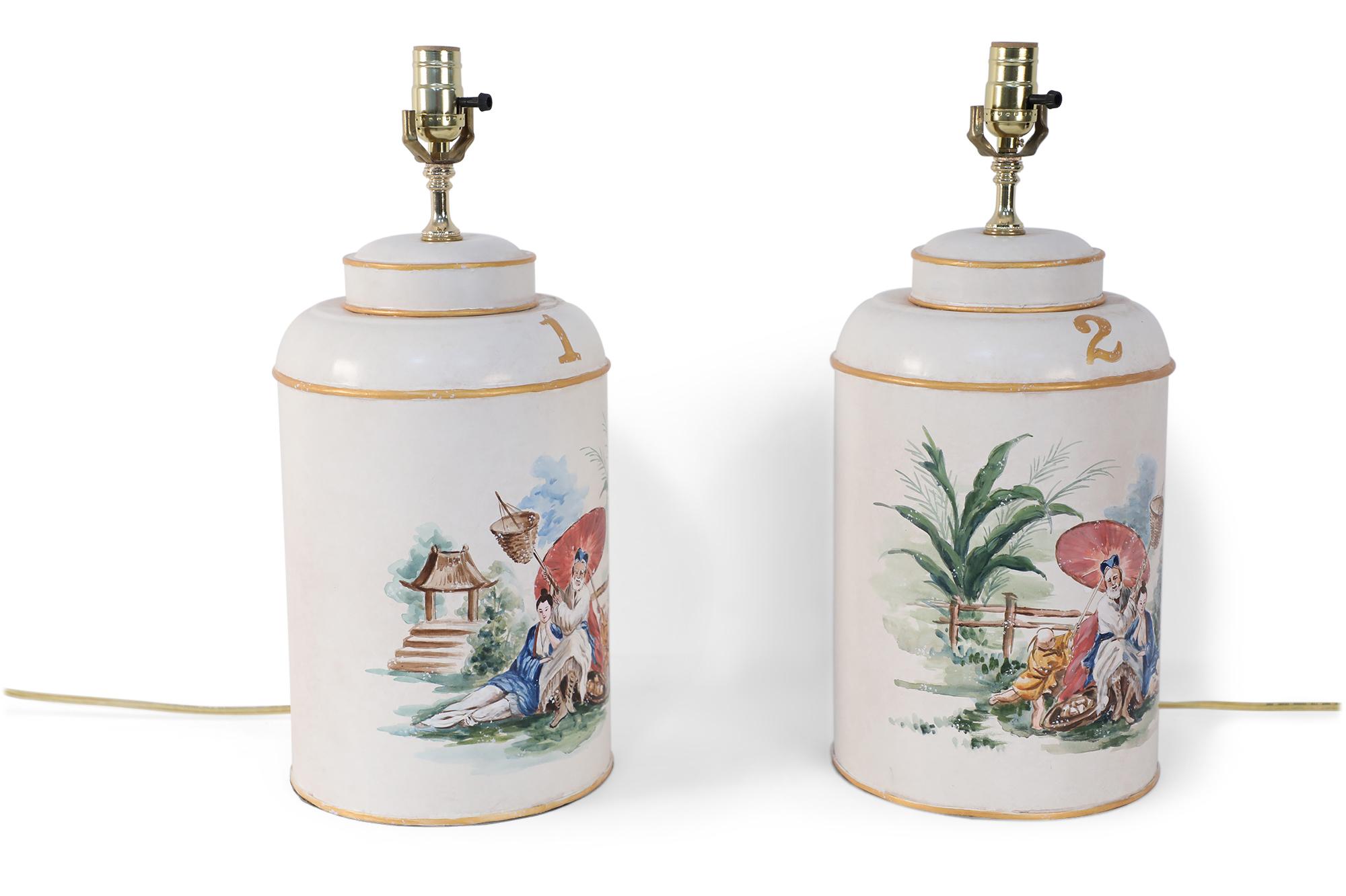 Pair of Vintage Hand Painted Tole Genre Scene Table Lamps For Sale 2
