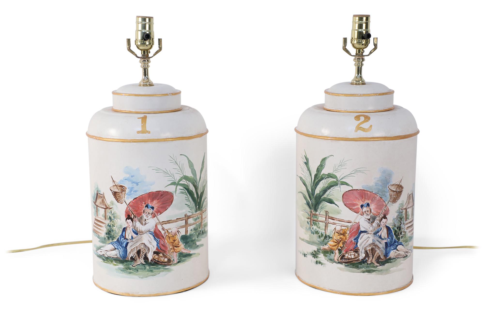 Pair of Vintage Hand Painted Tole Genre Scene Table Lamps For Sale 3