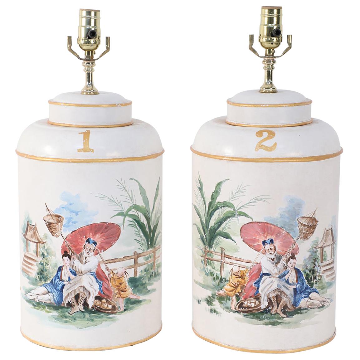 Pair of Vintage Hand Painted Tole Genre Scene Table Lamps For Sale