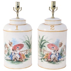 Pair of Retro Hand Painted Tole Genre Scene Table Lamps