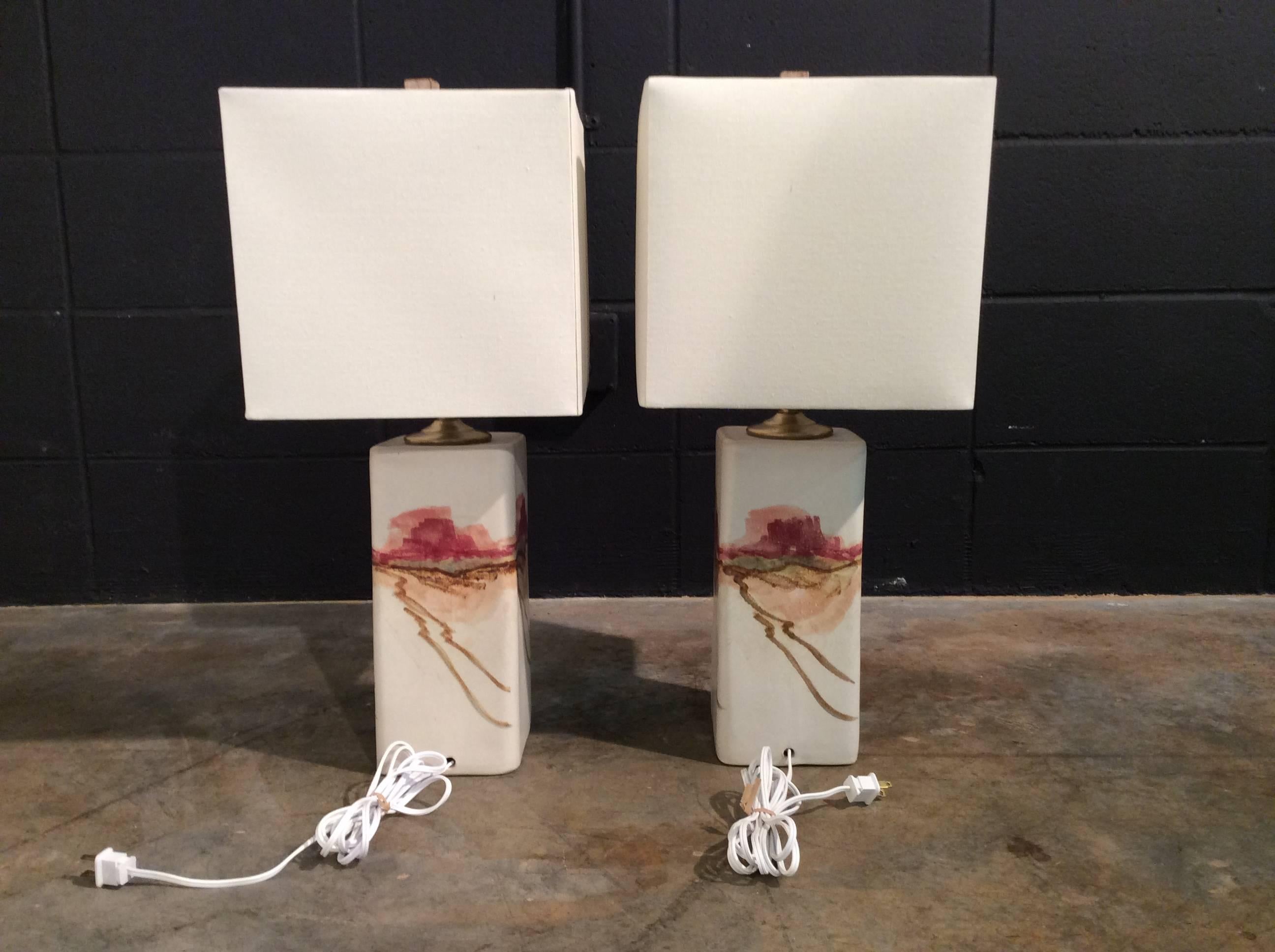 Pair of Vintage Handcrafted Pottery Table Lamps with New Shades In Good Condition In Marietta, GA