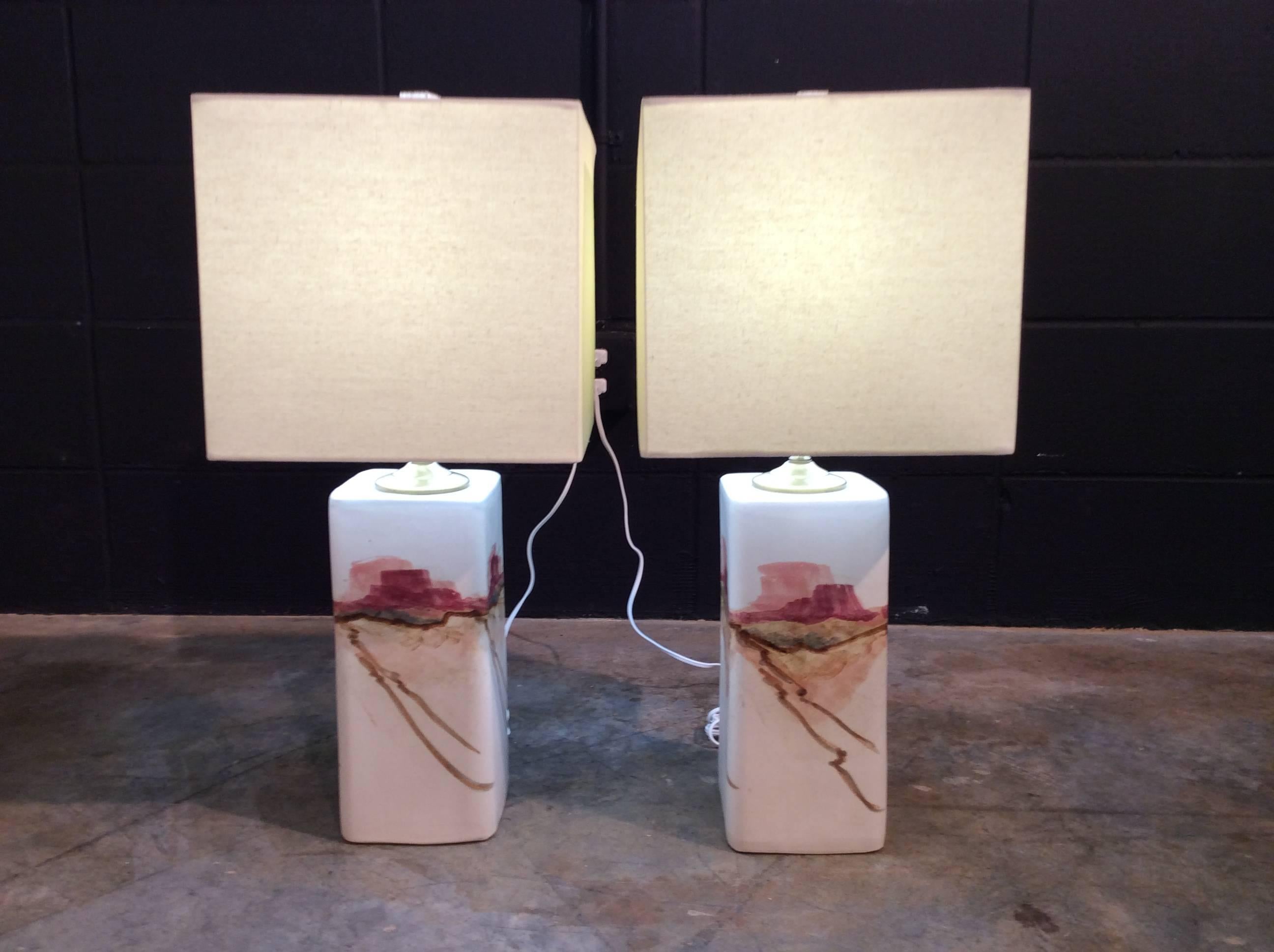 Pair of Vintage Handcrafted Pottery Table Lamps with New Shades 3