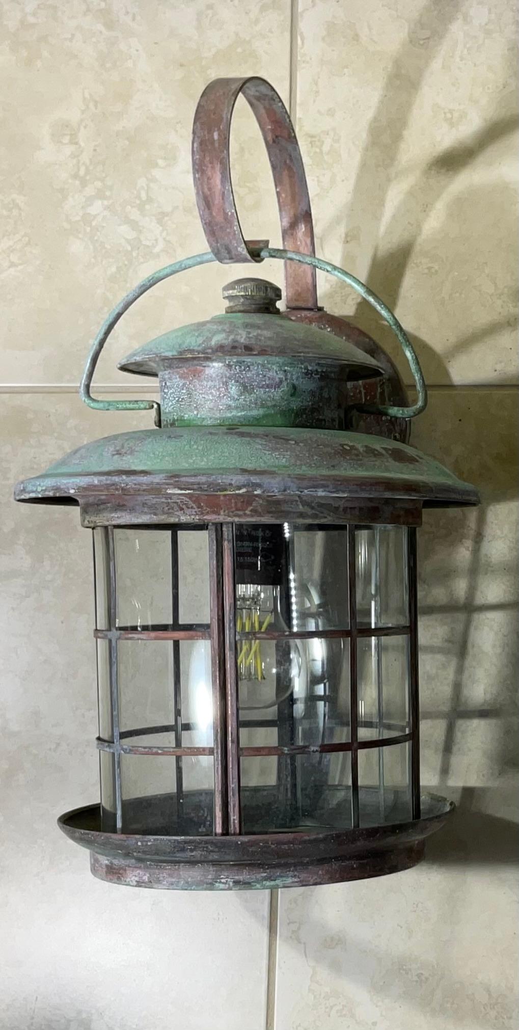 Copper Pair of Vintage Handcrafted Wall-Mounted Brass Lantern For Sale