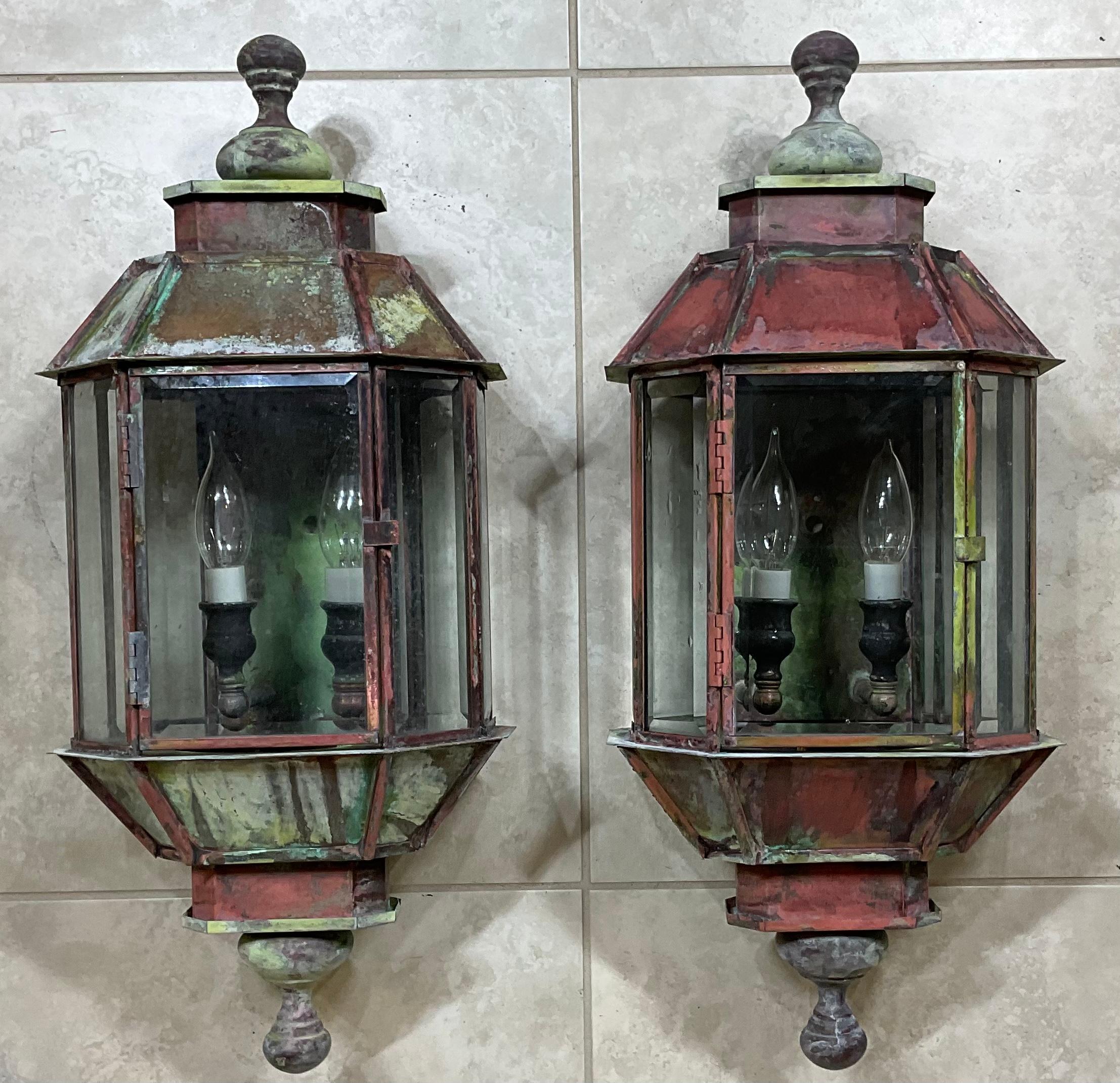 American Pair of Vintage Handcrafted Wall-Mounted Copper-Brass Lantern