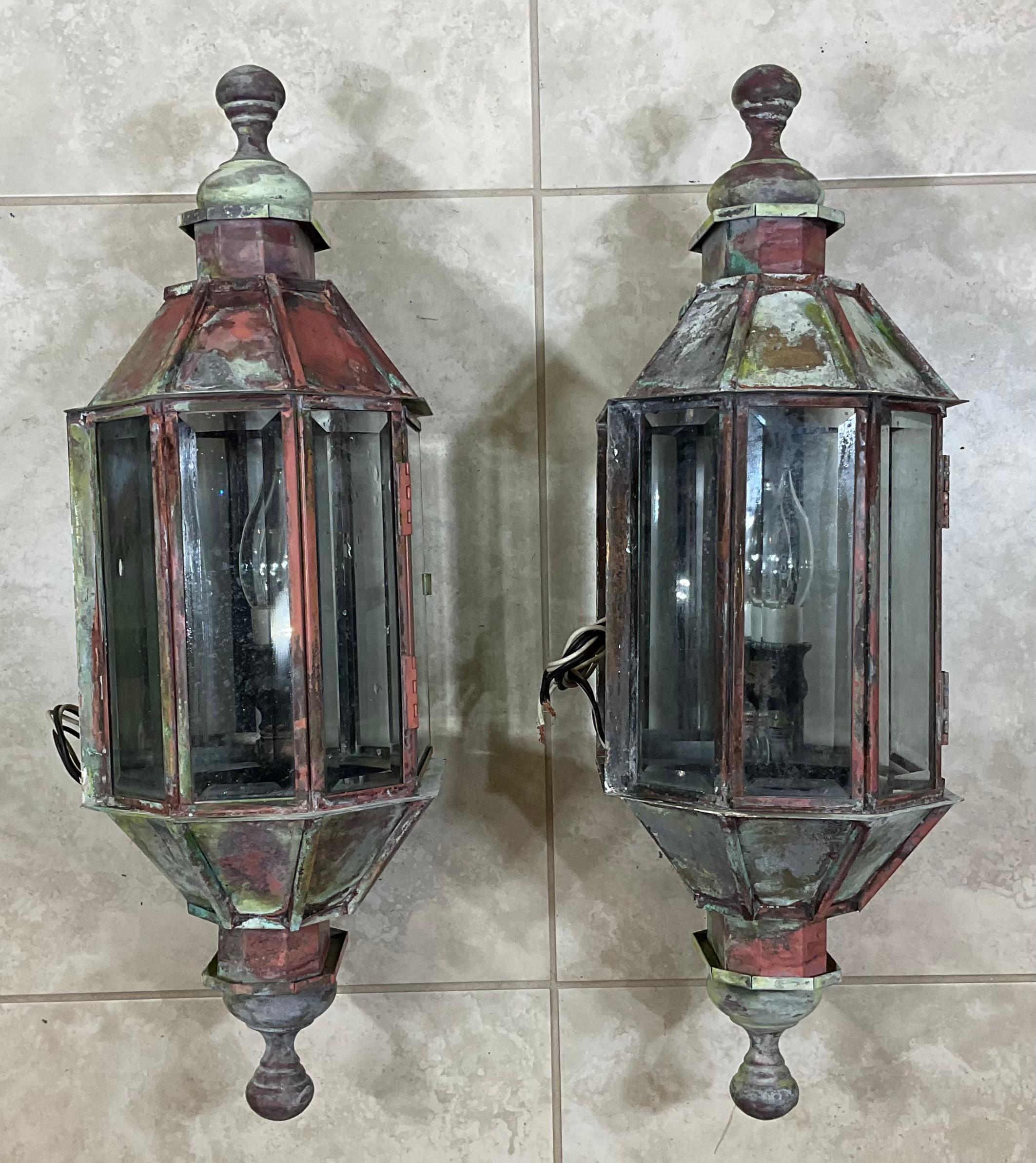 Hand-Crafted Pair of Vintage Handcrafted Wall-Mounted Copper-Brass Lantern