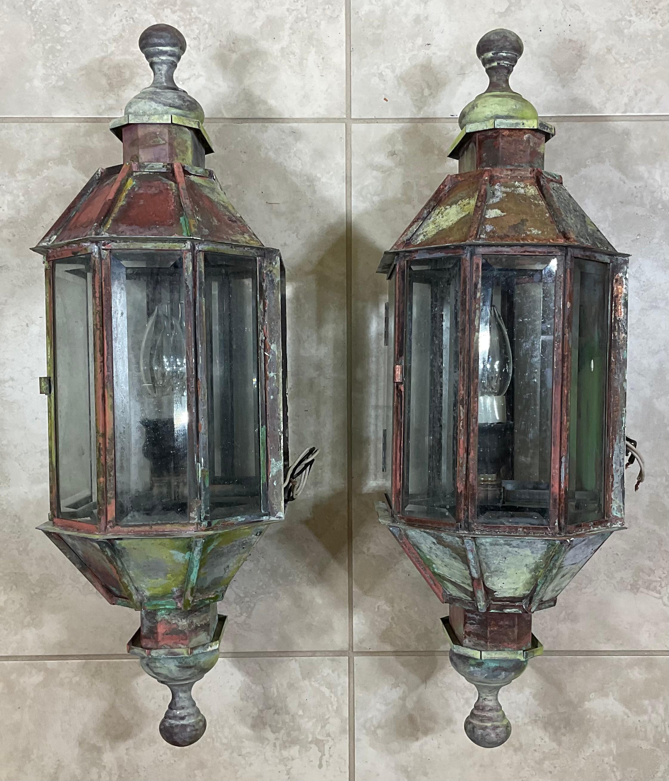 Pair of Vintage Handcrafted Wall-Mounted Copper-Brass Lantern In Good Condition In Delray Beach, FL