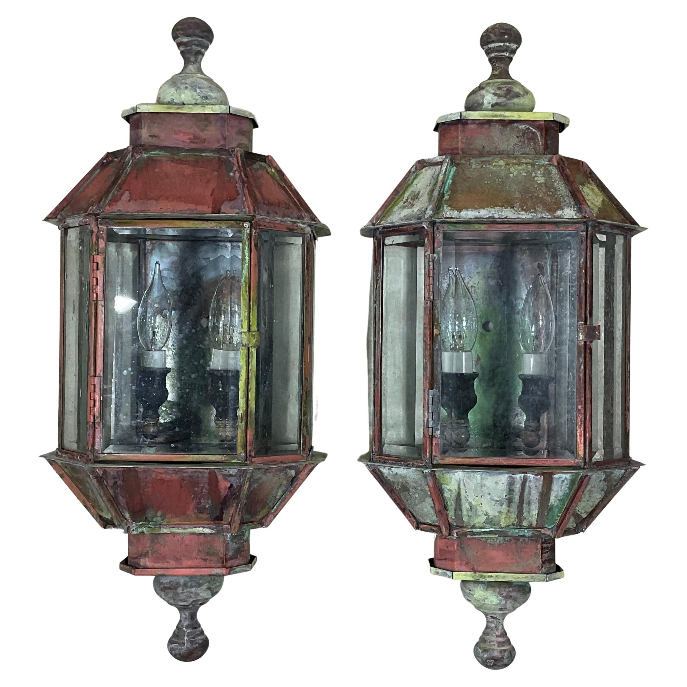 Pair of Vintage Handcrafted Wall-Mounted Copper-Brass Lantern