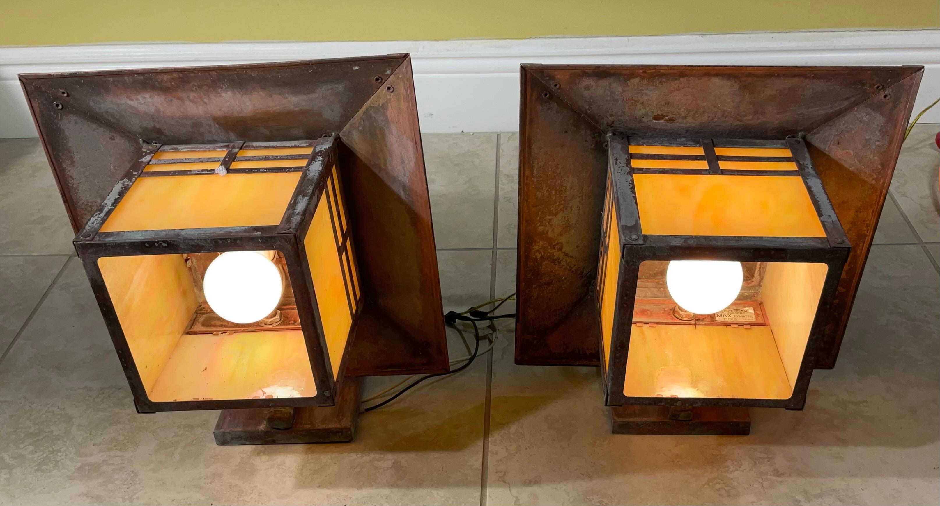 American Pair of Vintage Handcrafted Wall-Mounted Pagoda  Brass Lantern