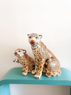 Pair of Vintage Handmade Ceramic Leopards Cheetah Sculpture