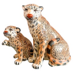 Pair of Retro Handmade Ceramic Leopards Cheetah Sculpture