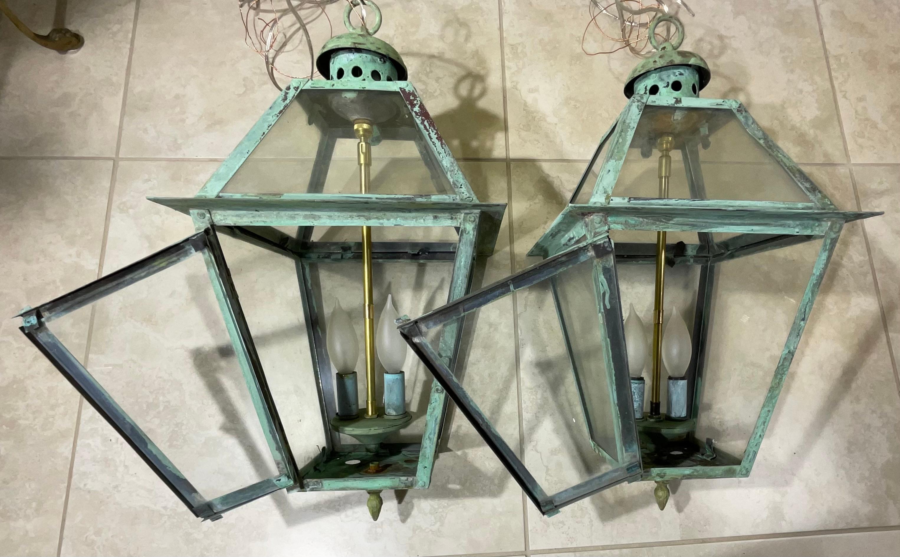 Hand-Crafted Pair Of Vintage Hanging copper Lantern