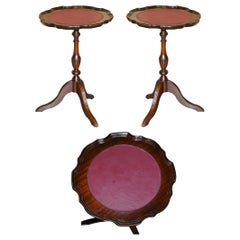 Pair of Vintage Hardwood Pie Crust Edge Oxblood Tripod Side End Lamp Wine Tables