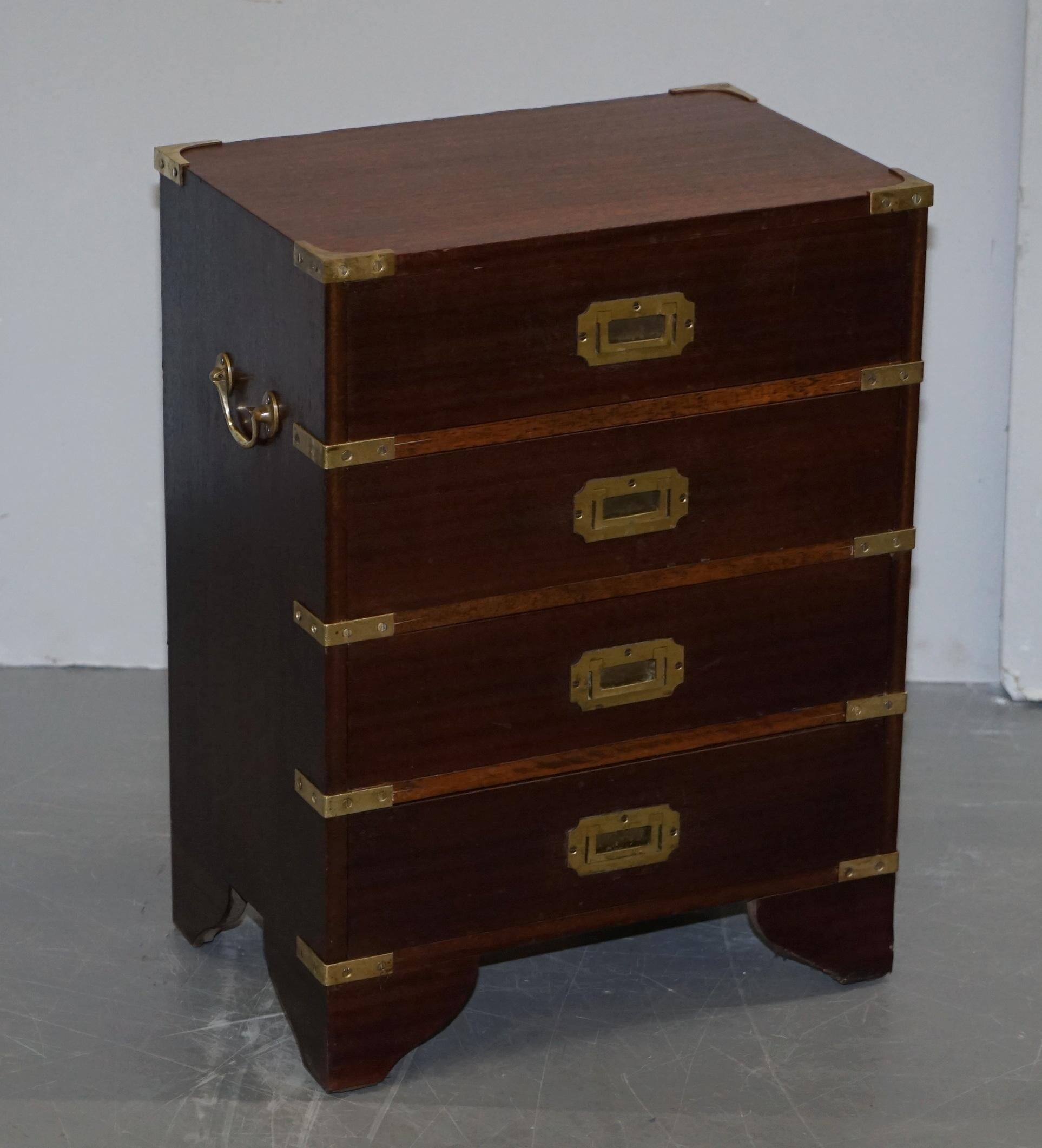 We are delighted to offer for sale this stunning pair of Vintage Harrods London mahogany Military Campaign side lamp or wine table sized chests of drawers

A very luxurious and well made pair, the frames are mahogany veneer, they have a solid
