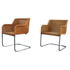 Pair of Vintage Harvey Probber Model D43 Wicker Cantilever Armchairs, 1970s