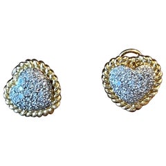 Coppia di orecchini vintage a forma di cuore in oro giallo e bianco 18 K con diamante