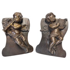 Pair of Vintage Heavy Bronze Clad Cherub Bookends