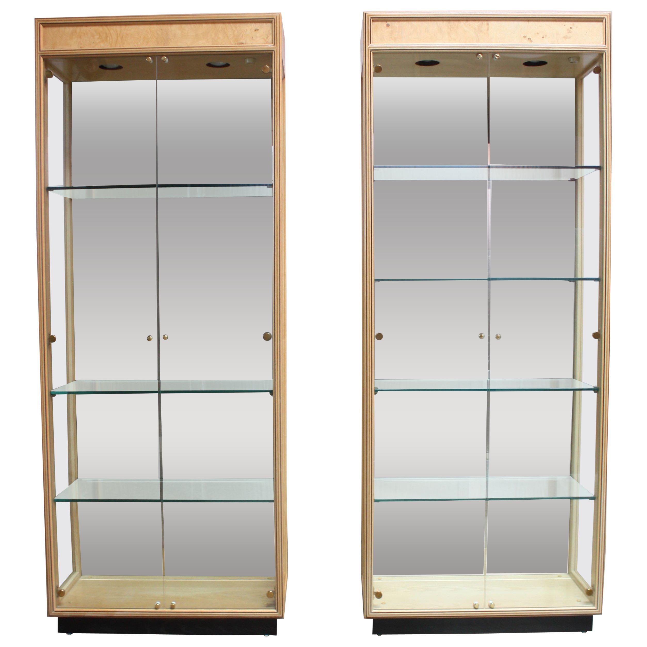 Pair of Vintage Henredon Illuminated Display Cabinets in Olive Burl
