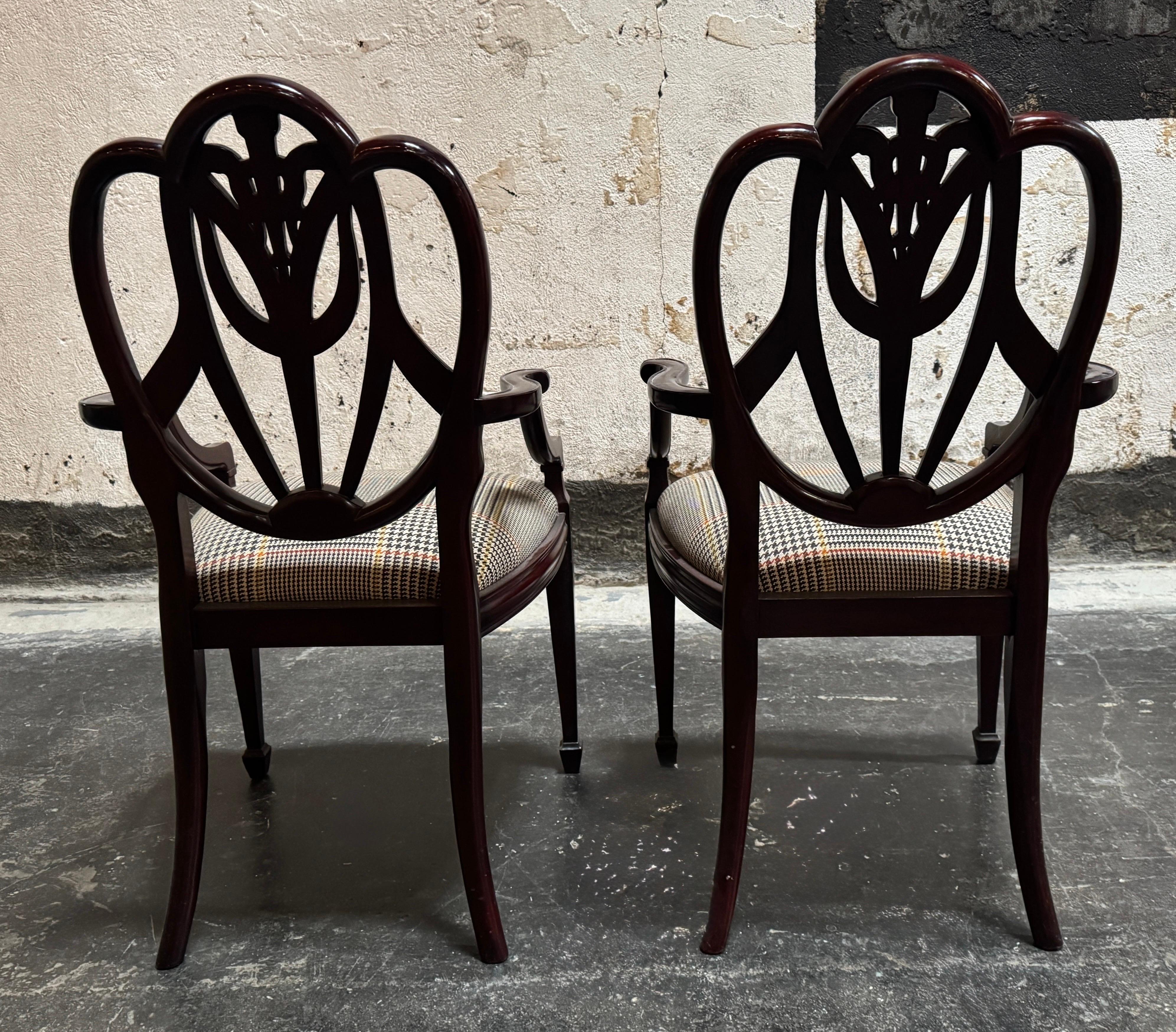 Fabric Pair of Vintage Hepplewhite Neoclassical Style Arm Chairs - Fully Restored For Sale