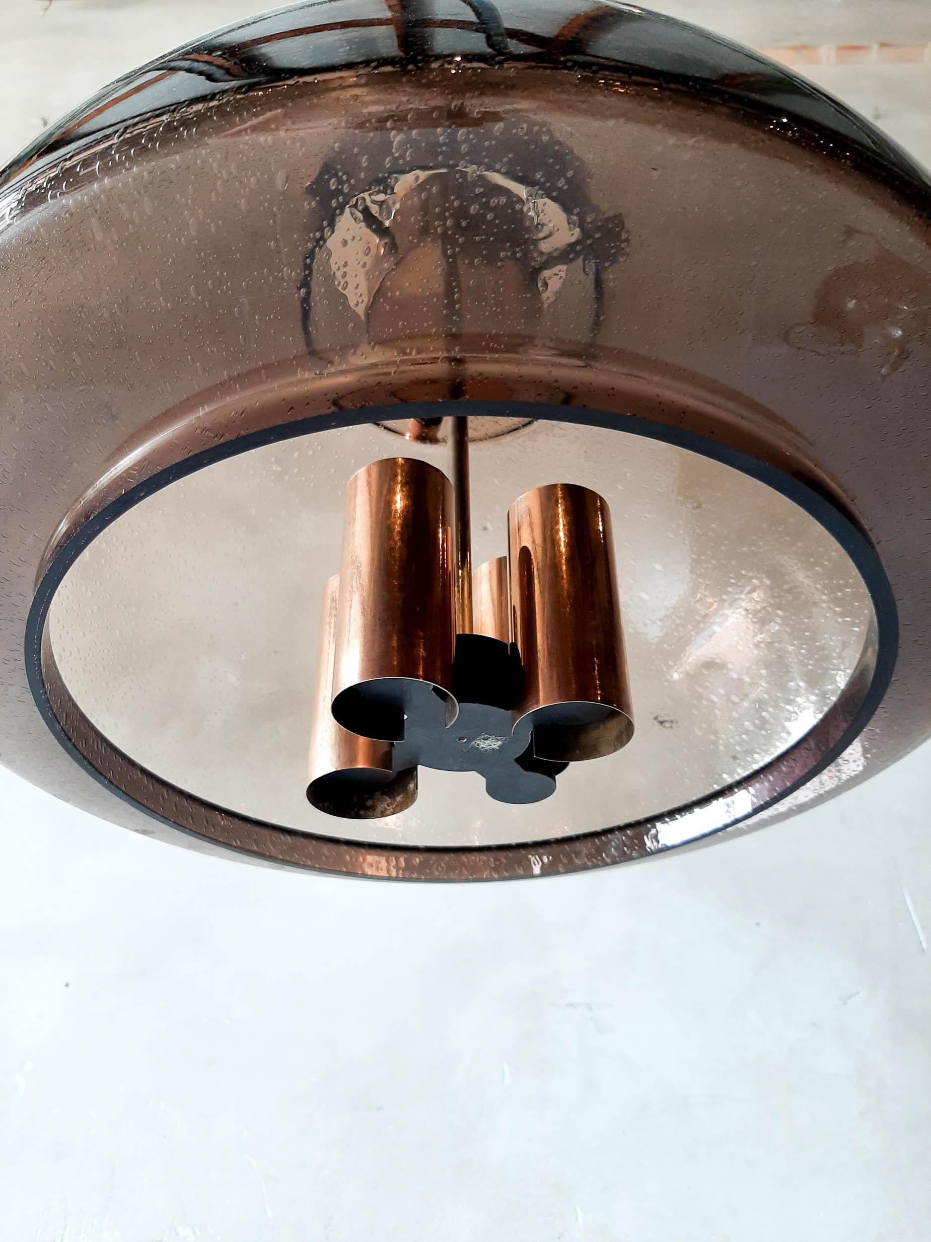 Pair of Vintage Herbert Proft, Limburg Glashütte, Brown Glass Pendant Lights In Good Condition In Baambrugge, NL