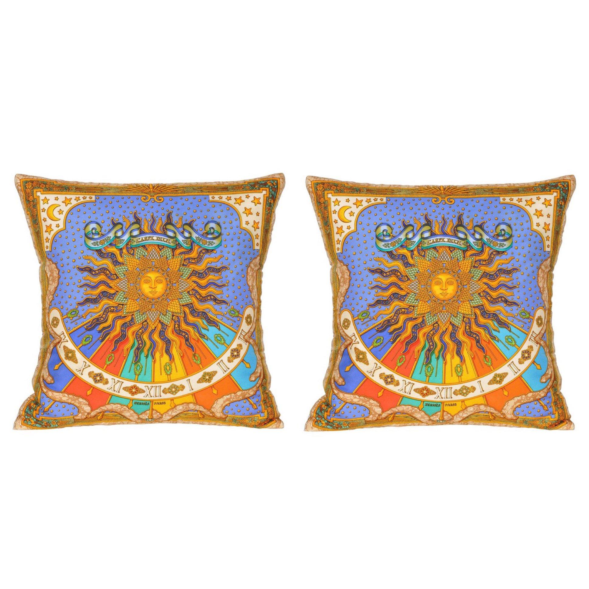 Pair of Vintage Hermes Bright Blue and Gold Silk Fabric and Irish Linen Pillows For Sale
