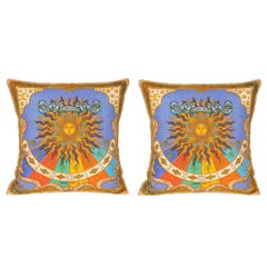 Pair of Vintage Hermes Bright Blue and Gold Silk Fabric and Irish Linen Pillows