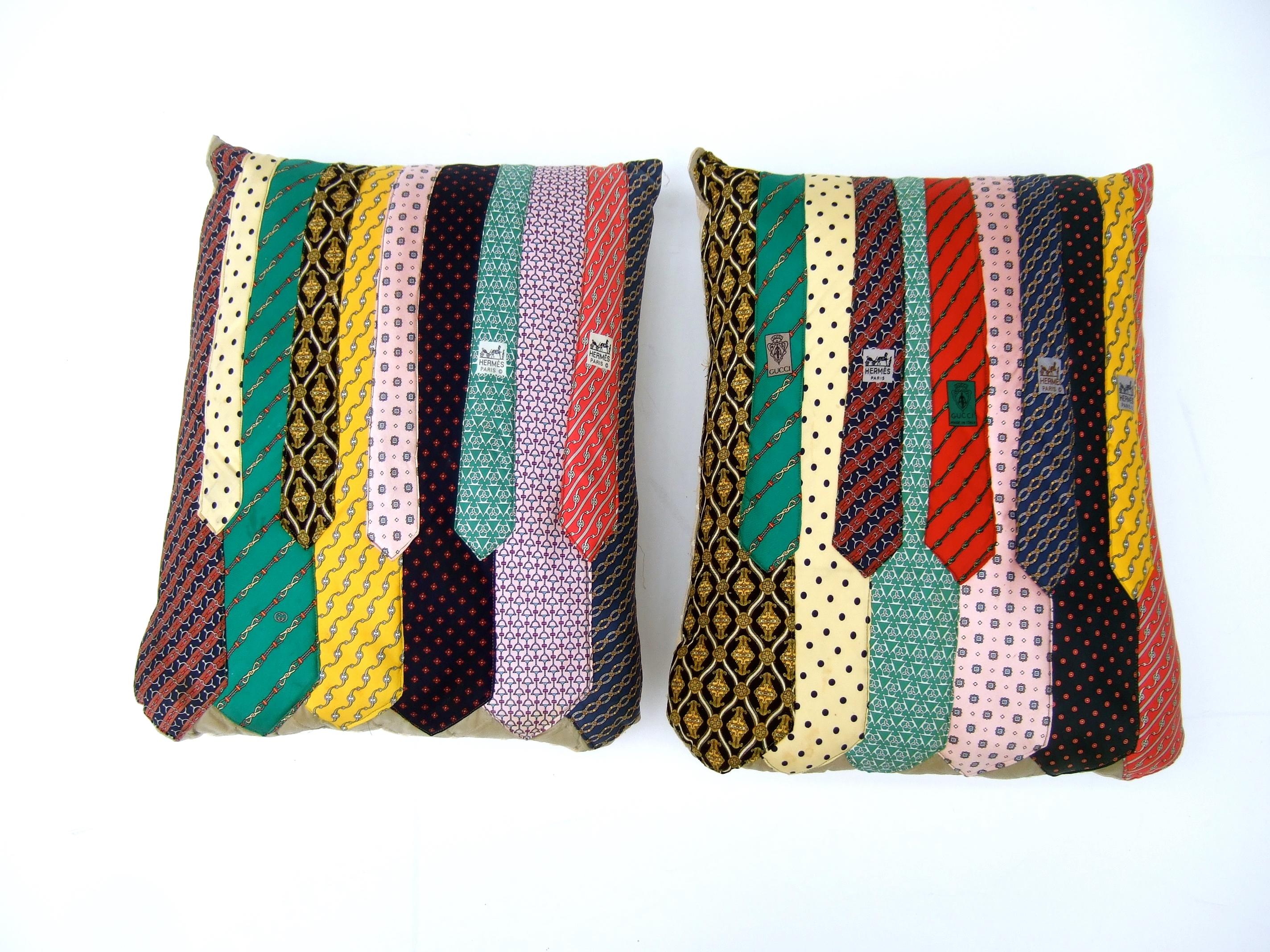 Pair of Vintage Hermes & Gucci Silk Necktie Up-cycled Handmade Pillows c 1980s  For Sale 6